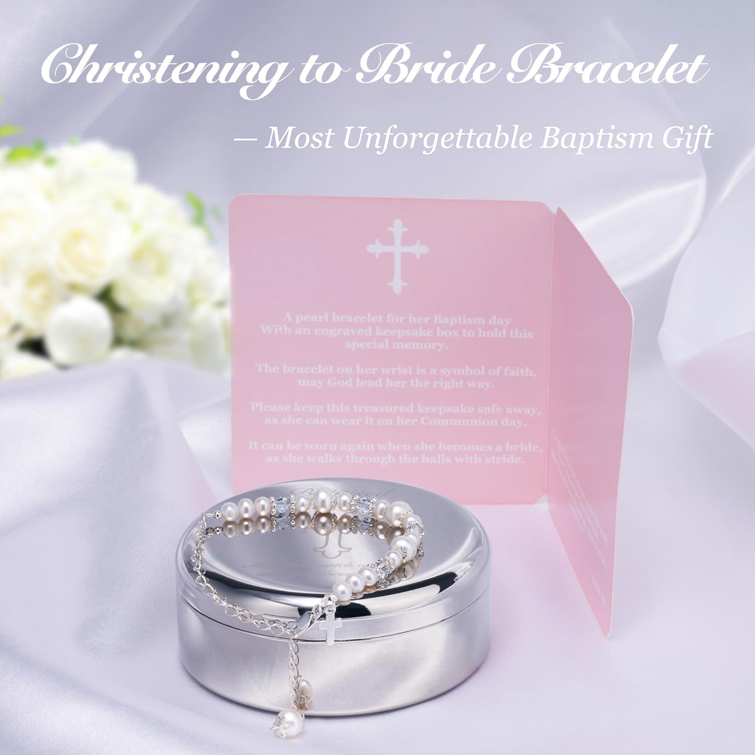 Baptism Cross Bracelet with Cultured Pearls and Keepsake Box