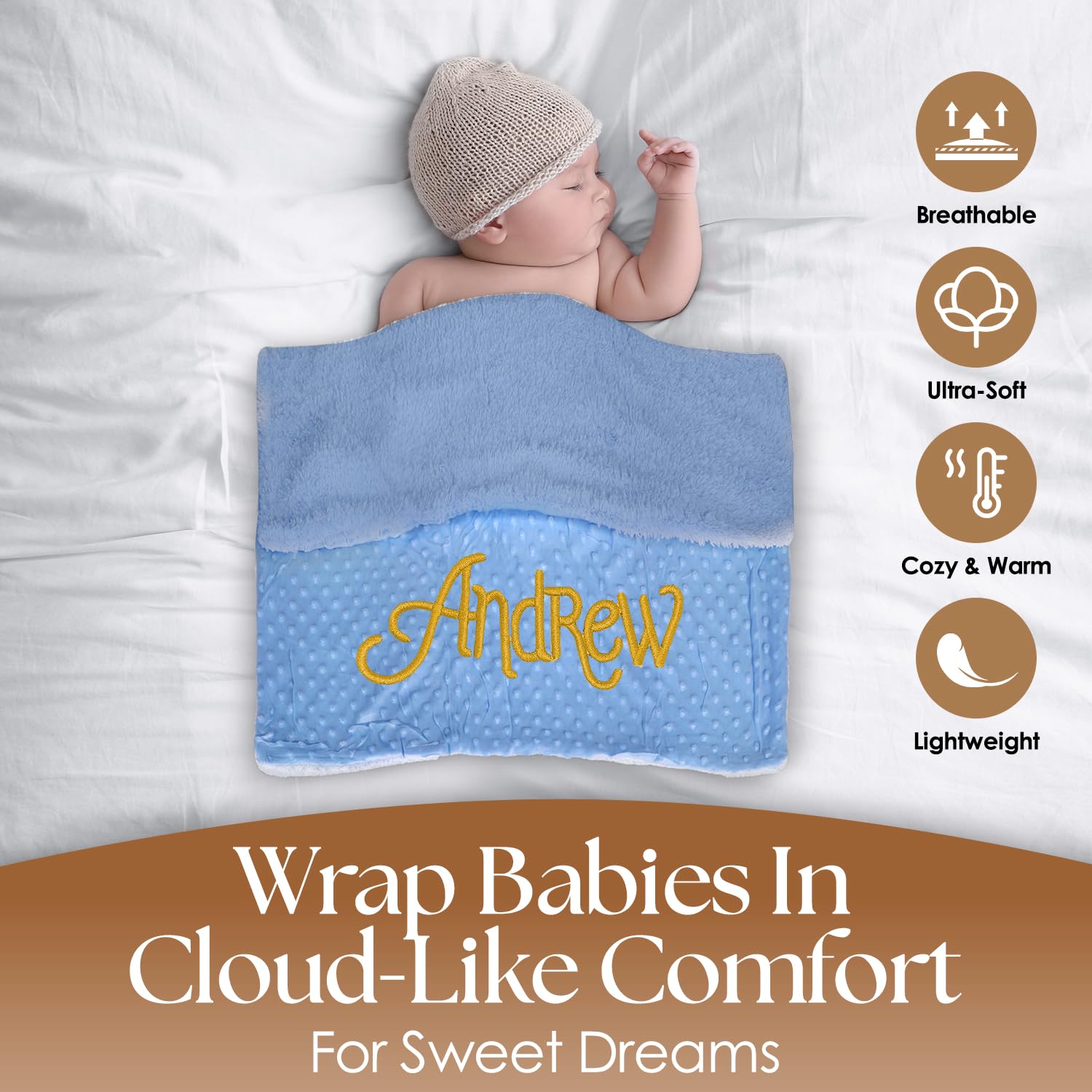 Personalized Newborn Swaddle Blanket with Name Date - Blue 40x27