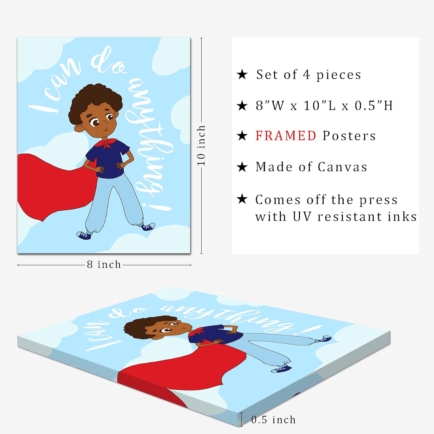 FRAMED Black Boys Canvas Wall Art 8x10x4PCS
