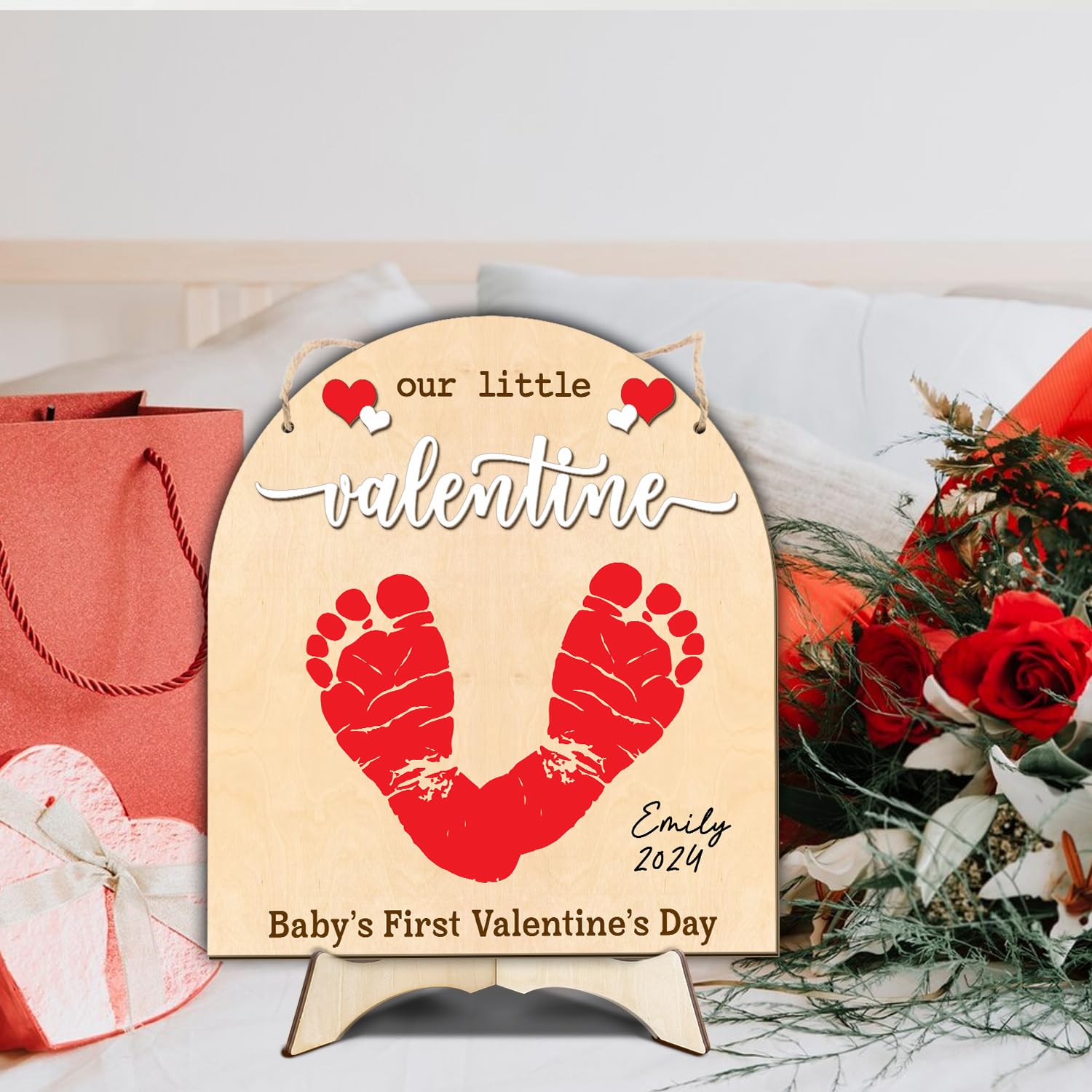 3D Wooden Valentines Day Footprint Sign with Hanging Rope