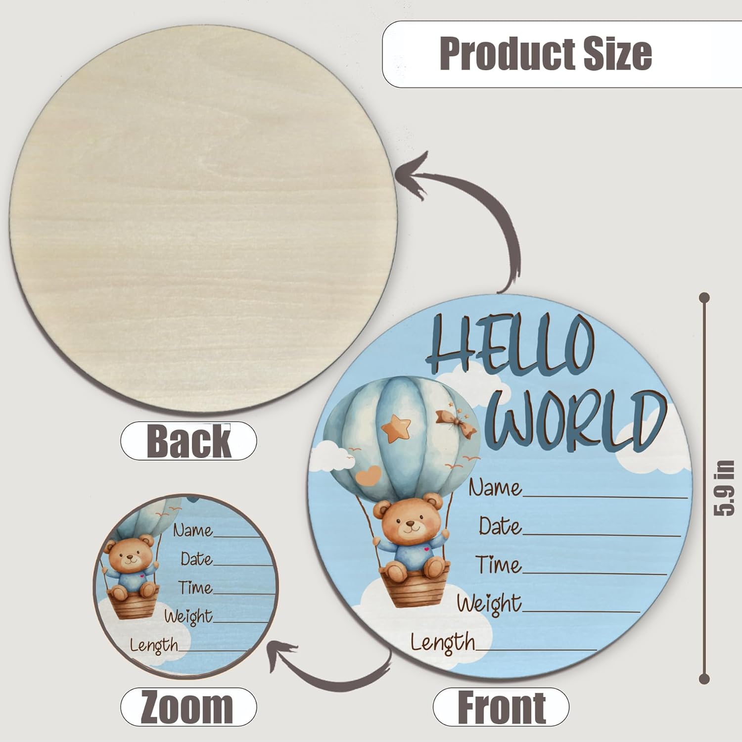 6 Inch Wooden Baby Announcement Sign with Bear and Balloon Design