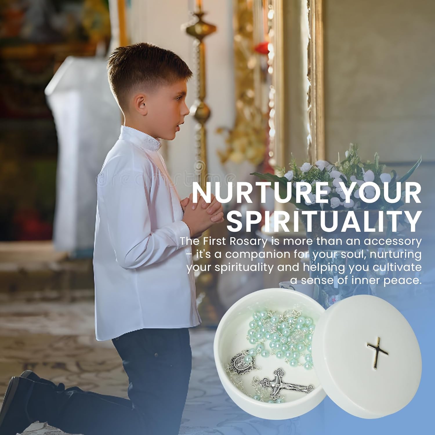 Sweet Treasures Gift - Baptism Rosary for Boys with Ceramic Box and Card