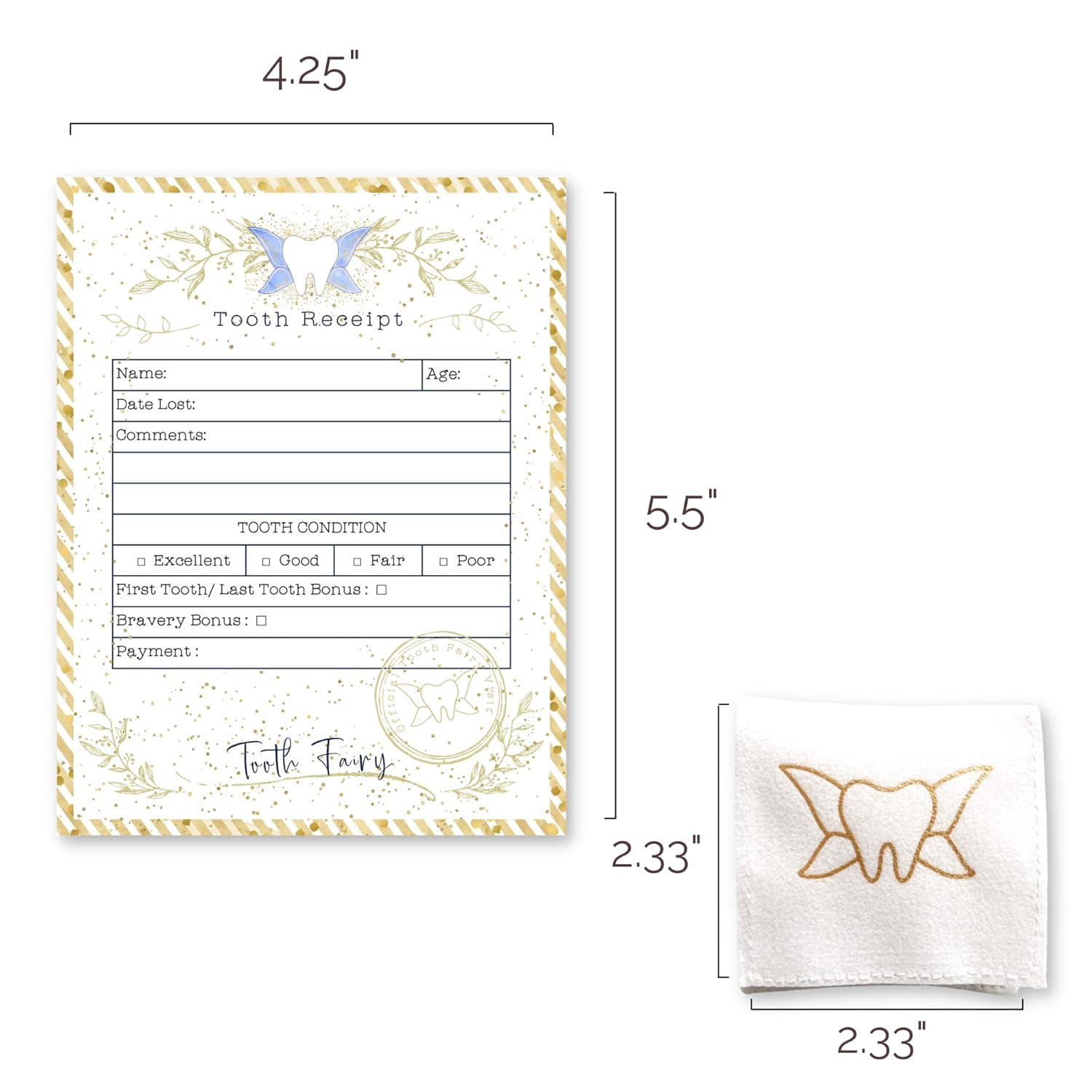 20 Tooth Fairy Receipt Cards Light Gold Bag
