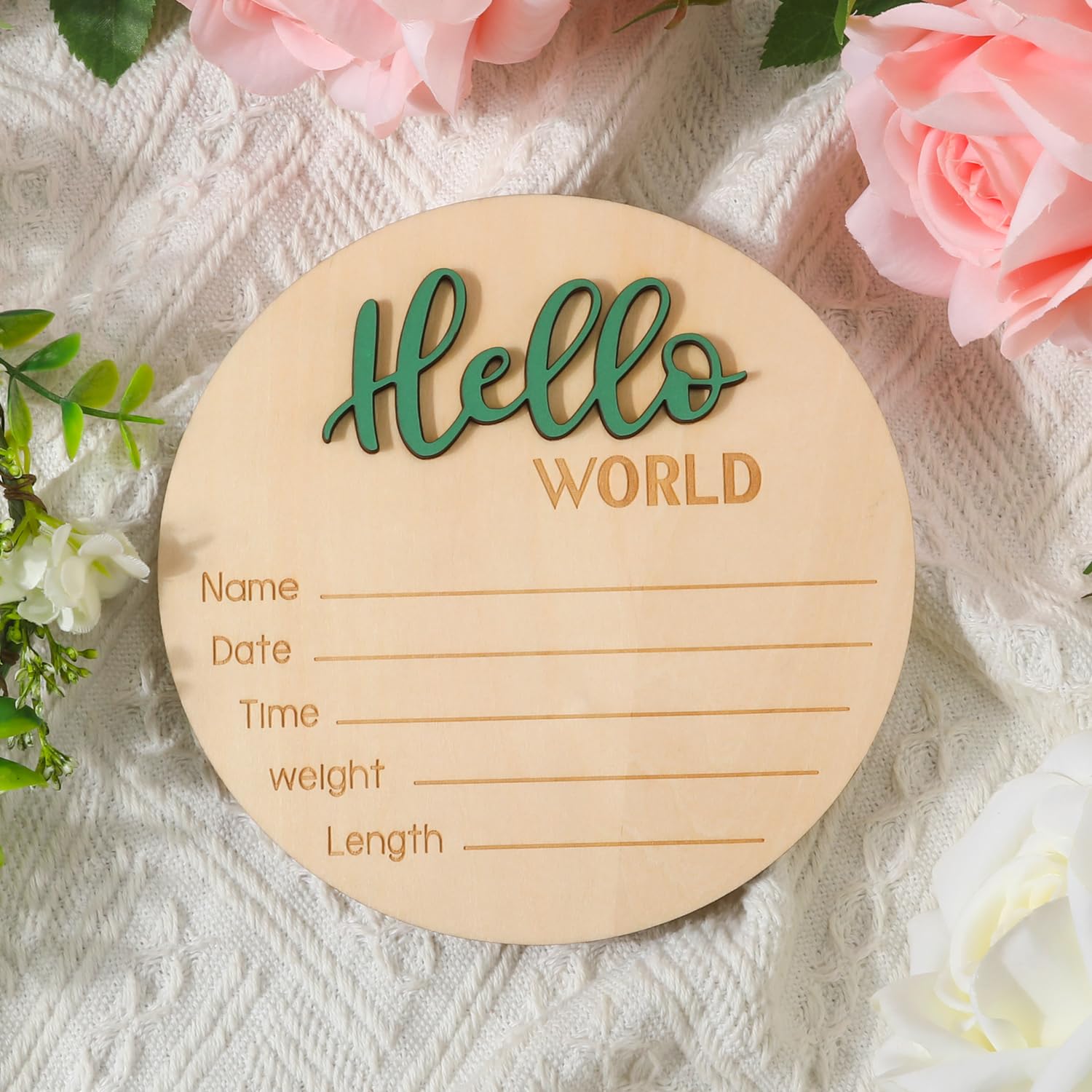 Baby Announcement Sign 59 Inch Wooden Hello World Welcome Plaque Green