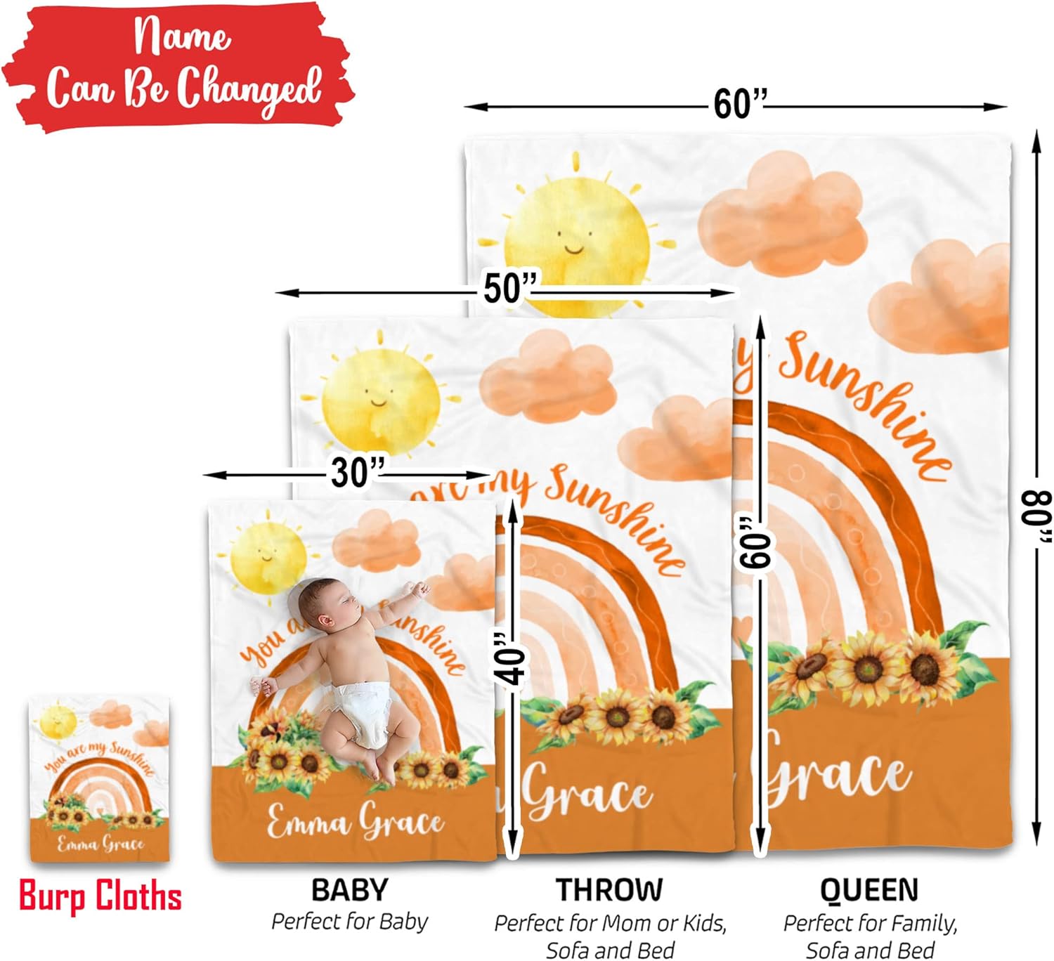 Personalized Sun and Clouds Baby Blanket - You are My Sunshine