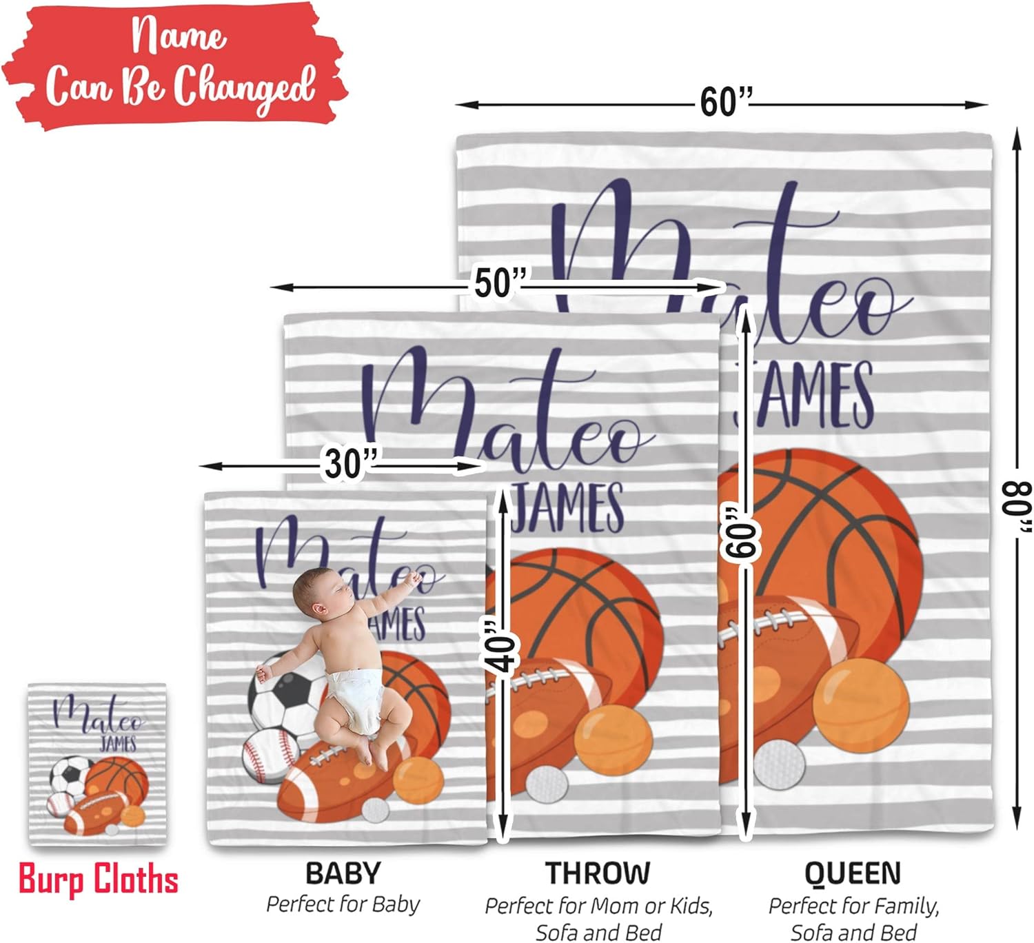 Personalized Sports Blanket with Custom Name Striped