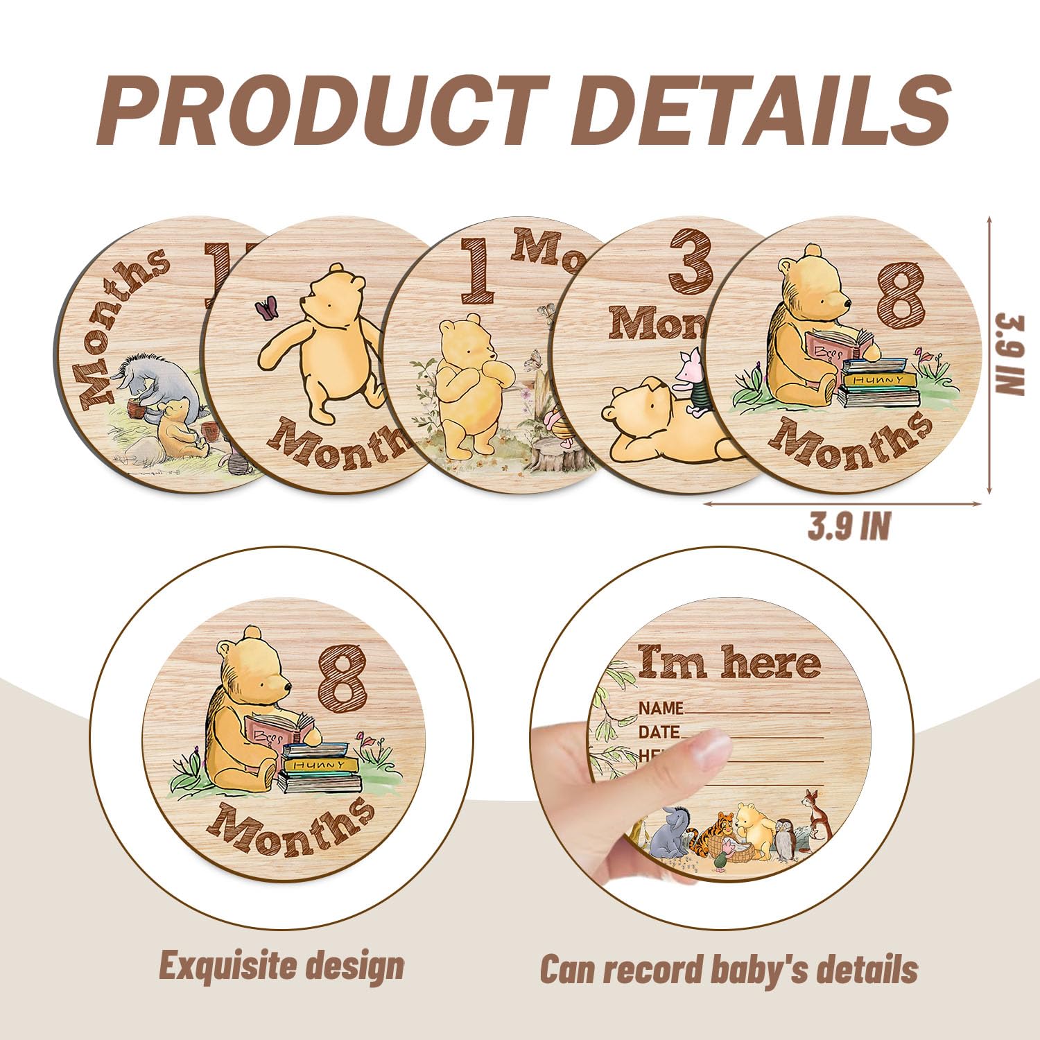 Hatzelou 7Pcs Baby Milestone Circles Winnie The Pooh Wooden Keepsakes
