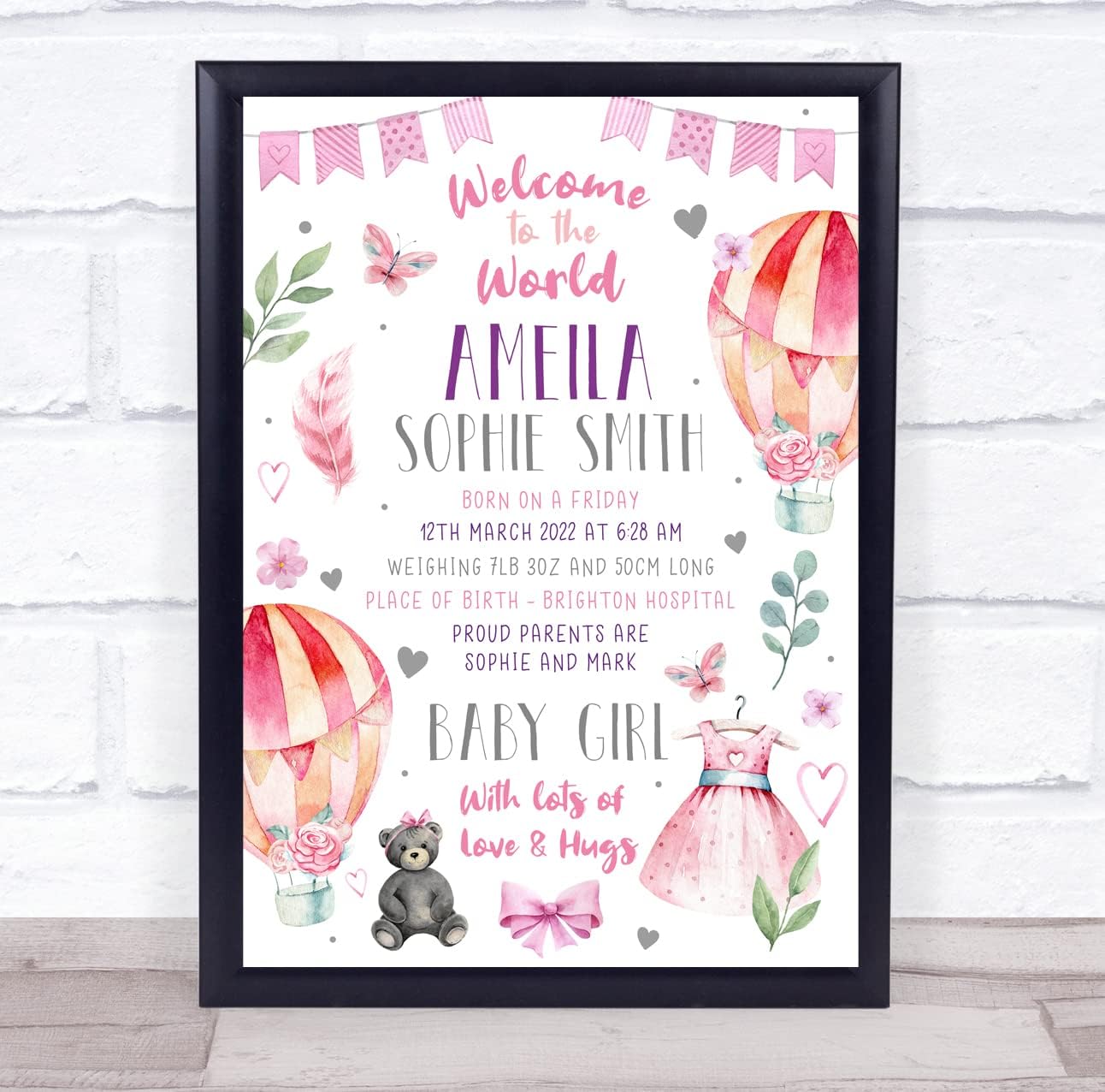 New Baby Birth Nursery Christening Hot Air Balloon Keepsake Print