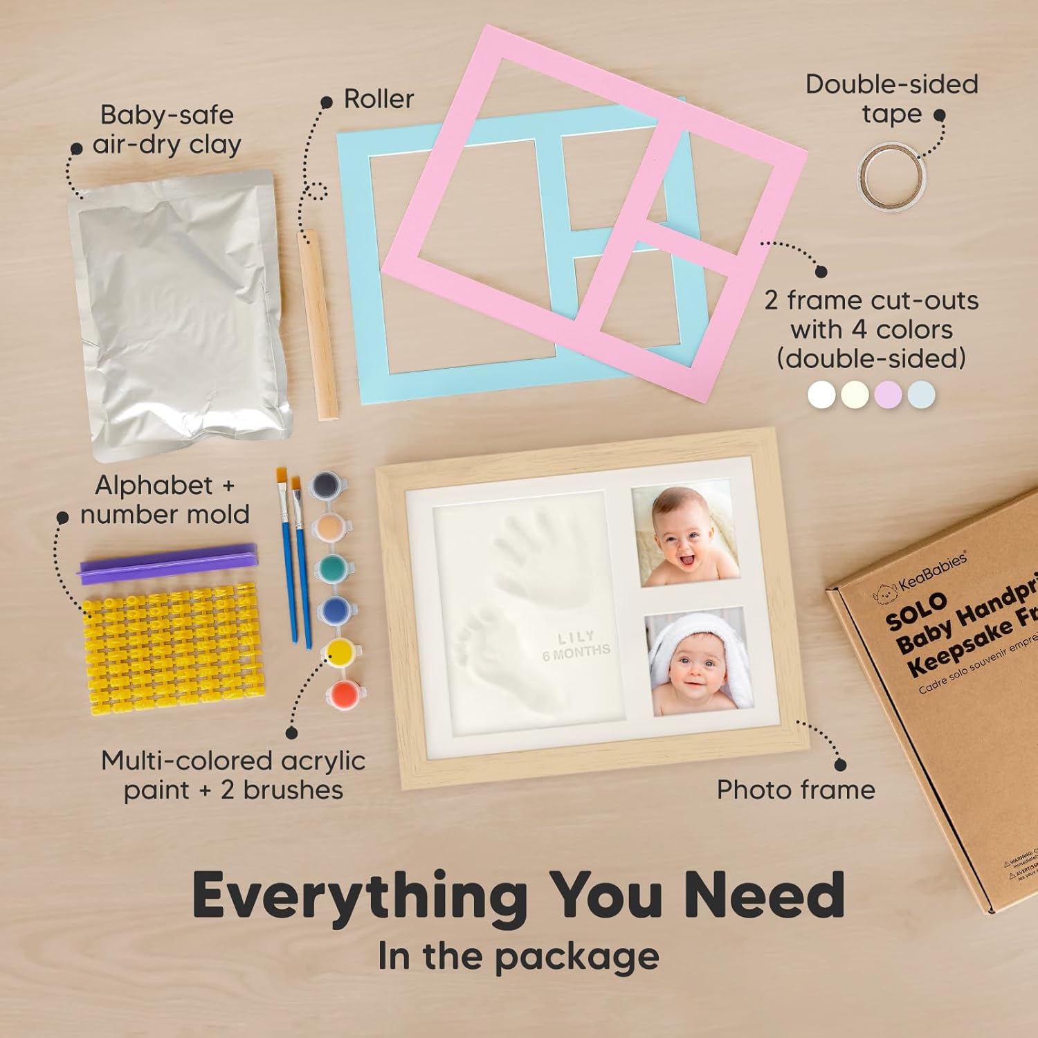 KeaBabies Baby Hand Footprint Kit - Quick Dry Clay Ash Wood Frame Personalized Keepsake