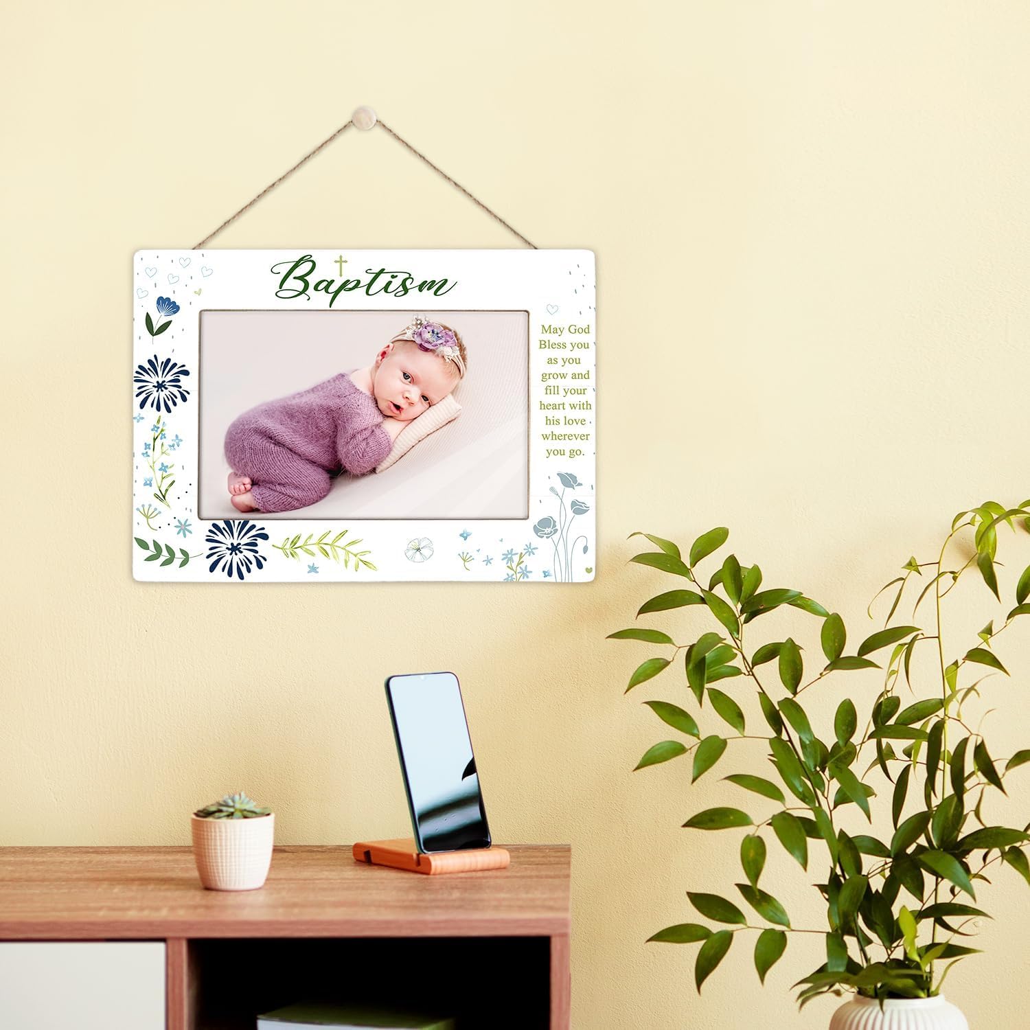 KLYTINK Baptism Photo Frame with Cross and Blessing Message - 4x6Inch Blue
