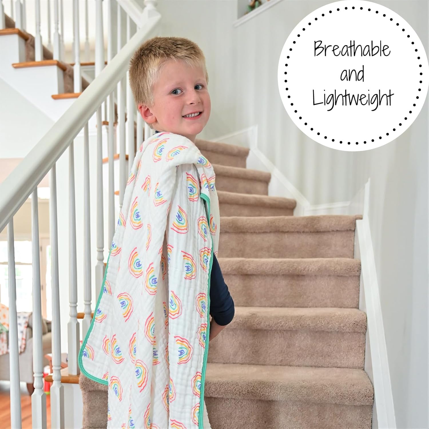 LollyBanks Muslin Blanket Rainbow Print 47x47 Inches 6 Layers