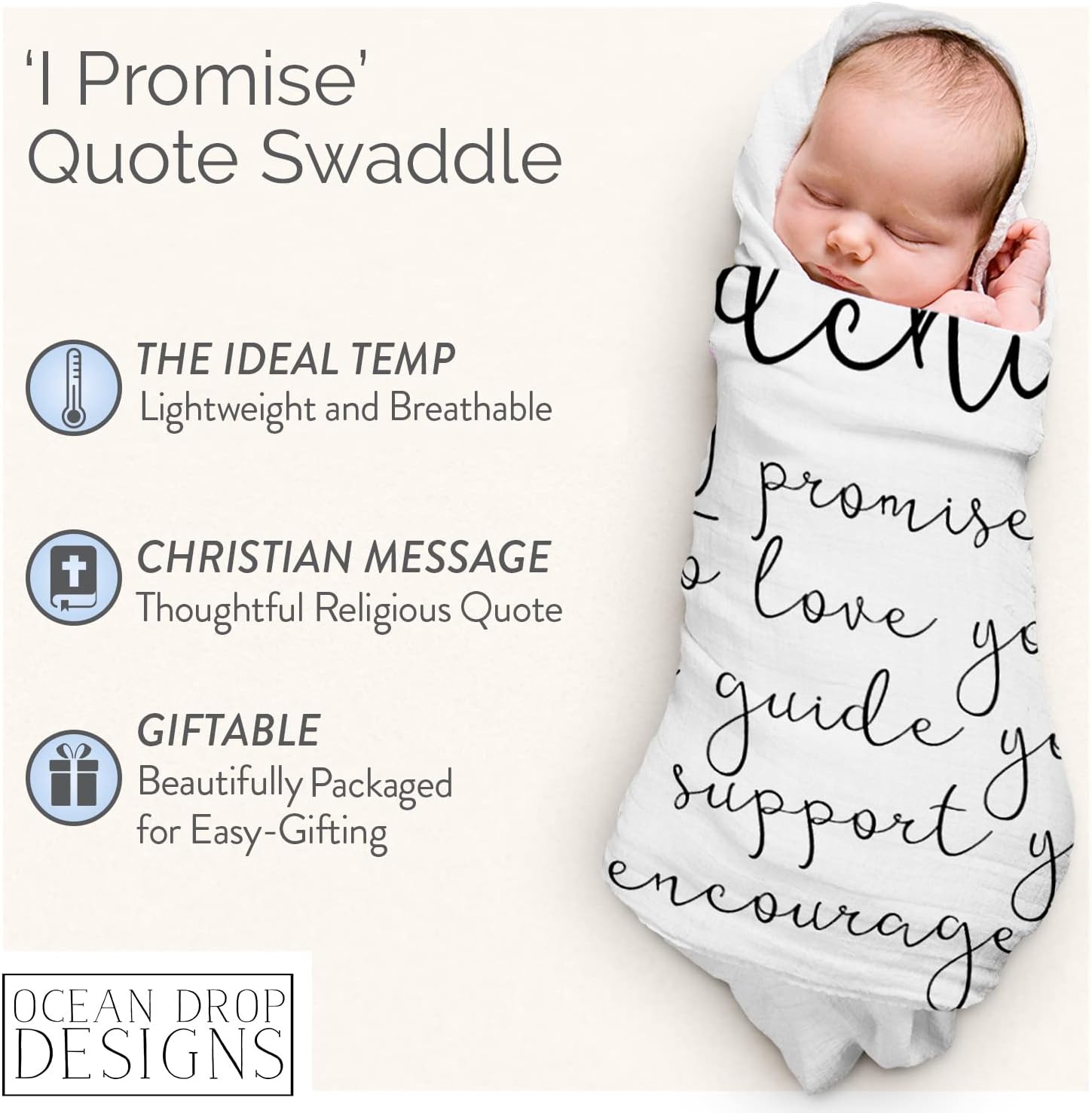 Ocean Drop Designs Muslin Swaddle Blanket - 47x47 Soft Cotton Baby Gift