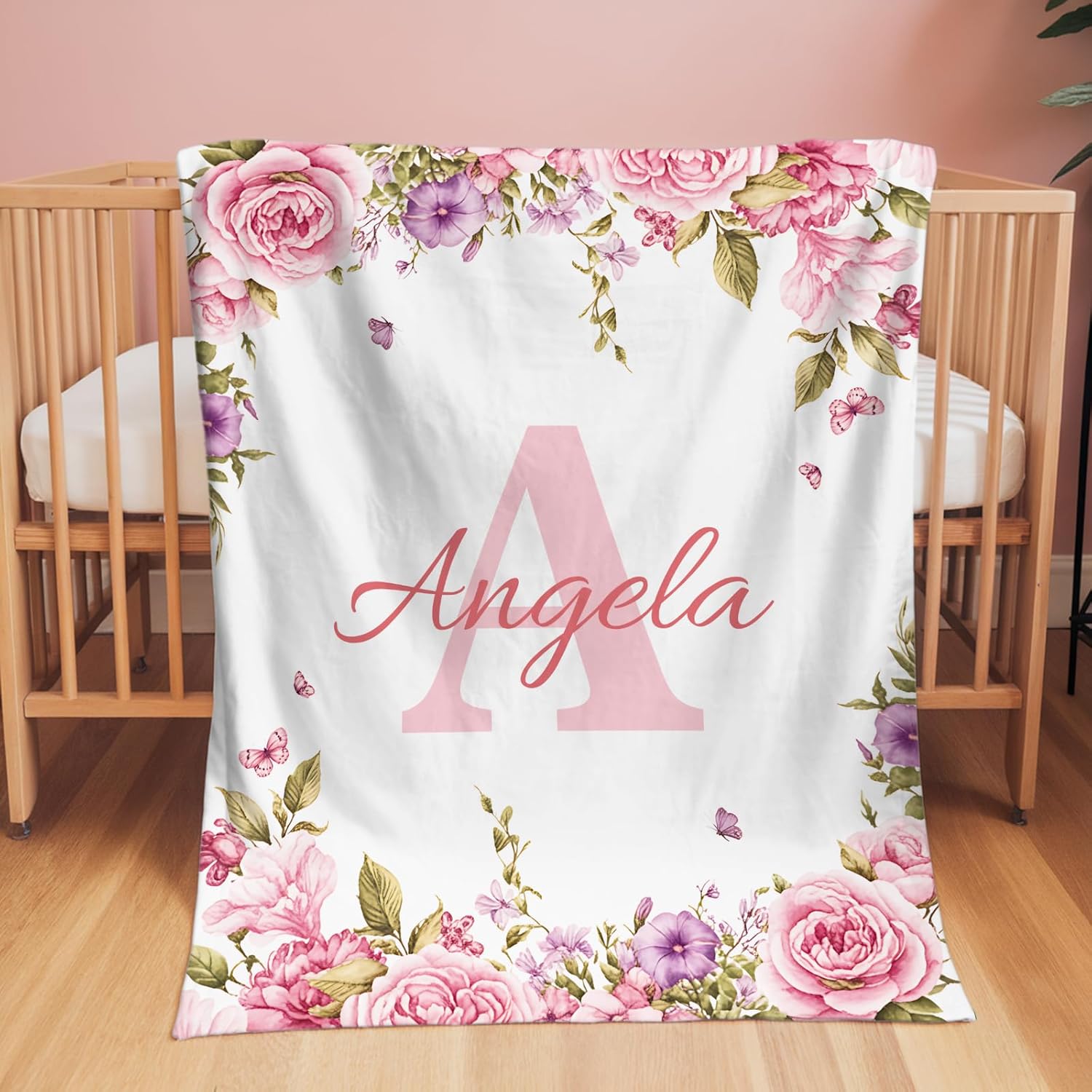 Personalized Baby Blanket with Name Rose Pink Flannel Throw for Girls
