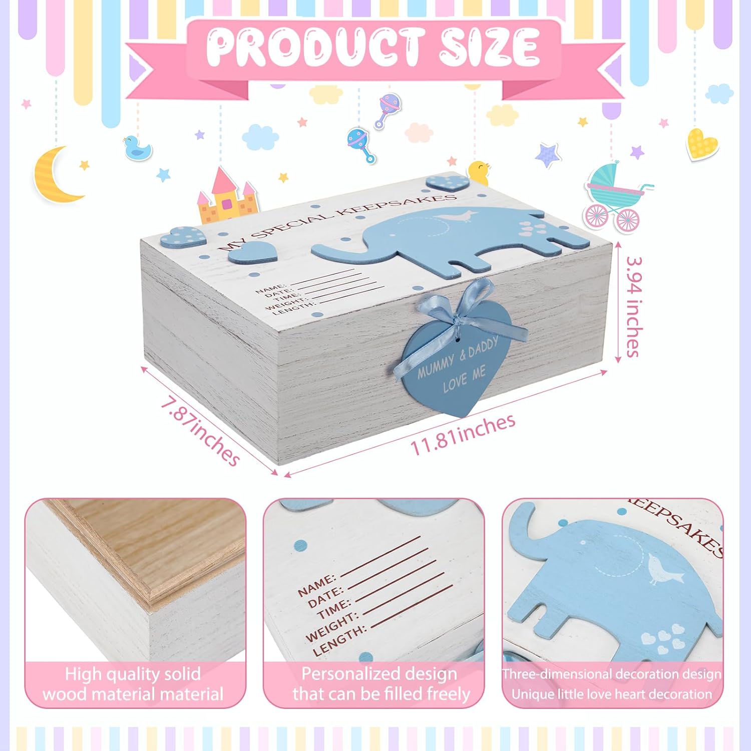 Soaoo 3D Wooden Baby Keepsake Box Blue Elephant