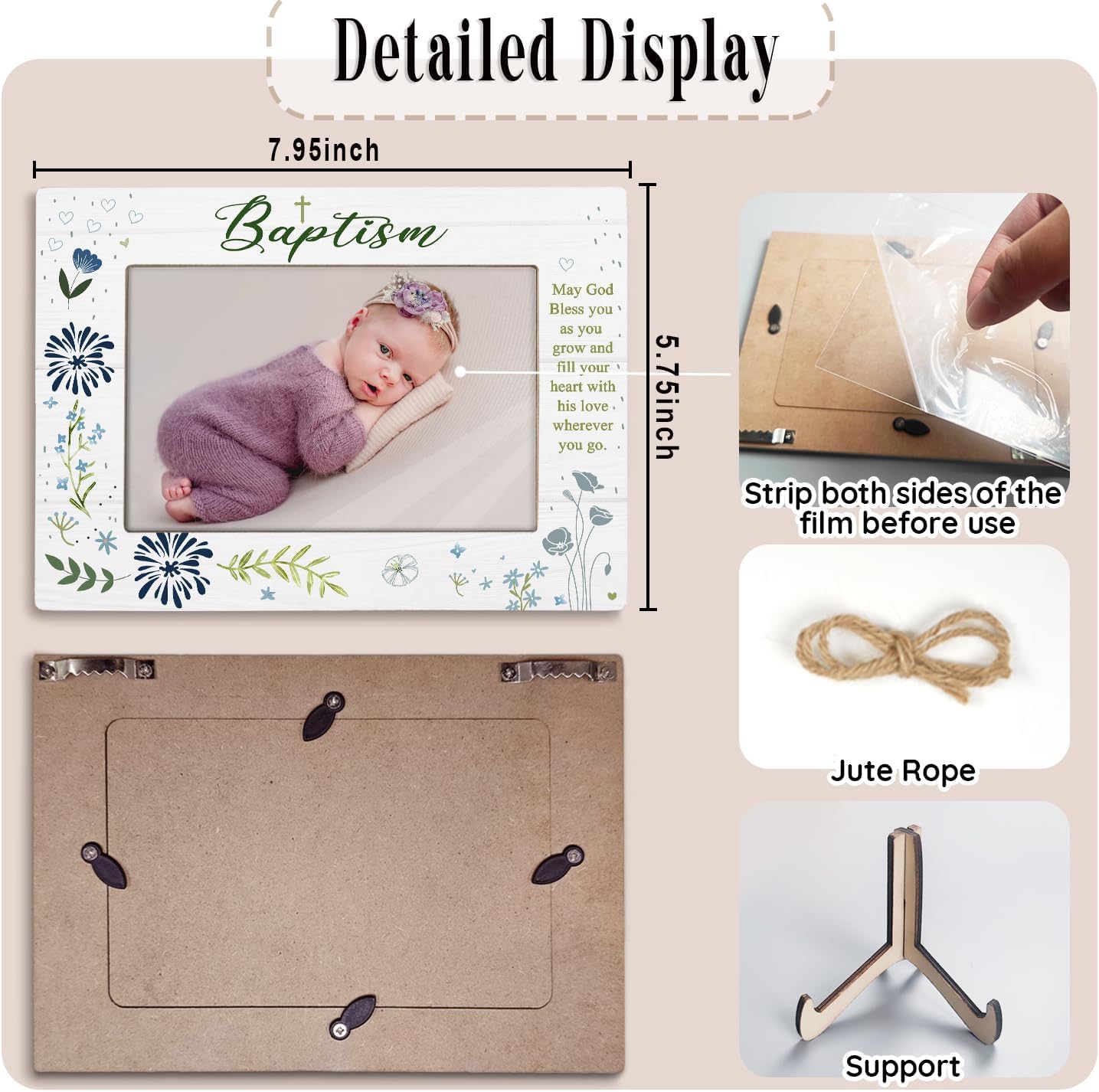 KLYTINK Baptism Photo Frame with Cross and Blessing Message - 4x6Inch Blue