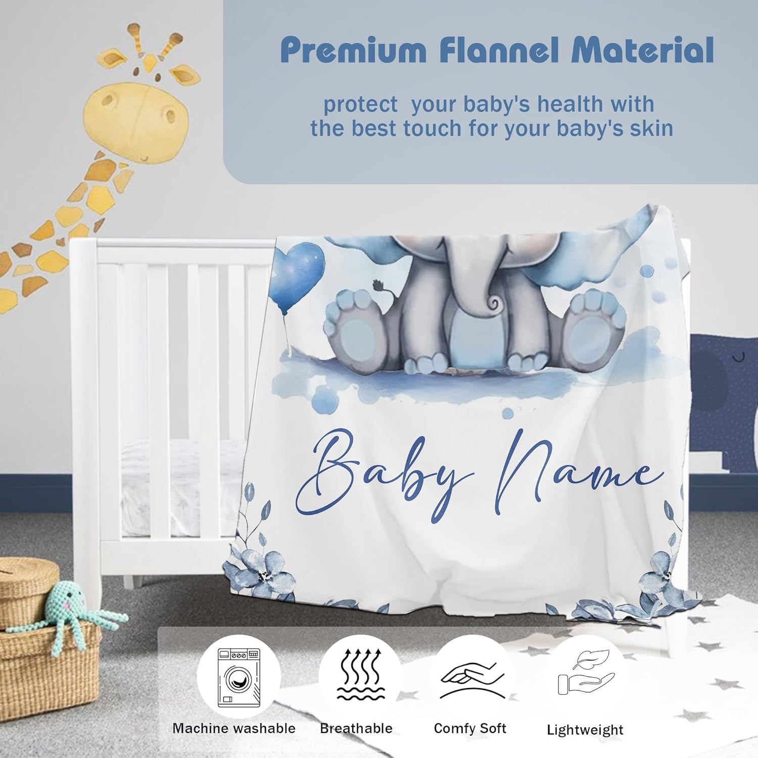 Personalized Baby Blanket with Name and Elephant Print