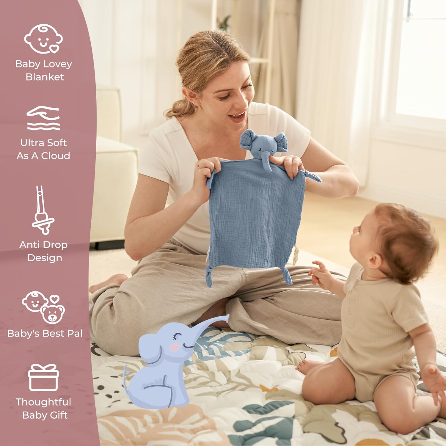 Momcozy Elephant Loveys Baby Blanket 14 Inch Blue