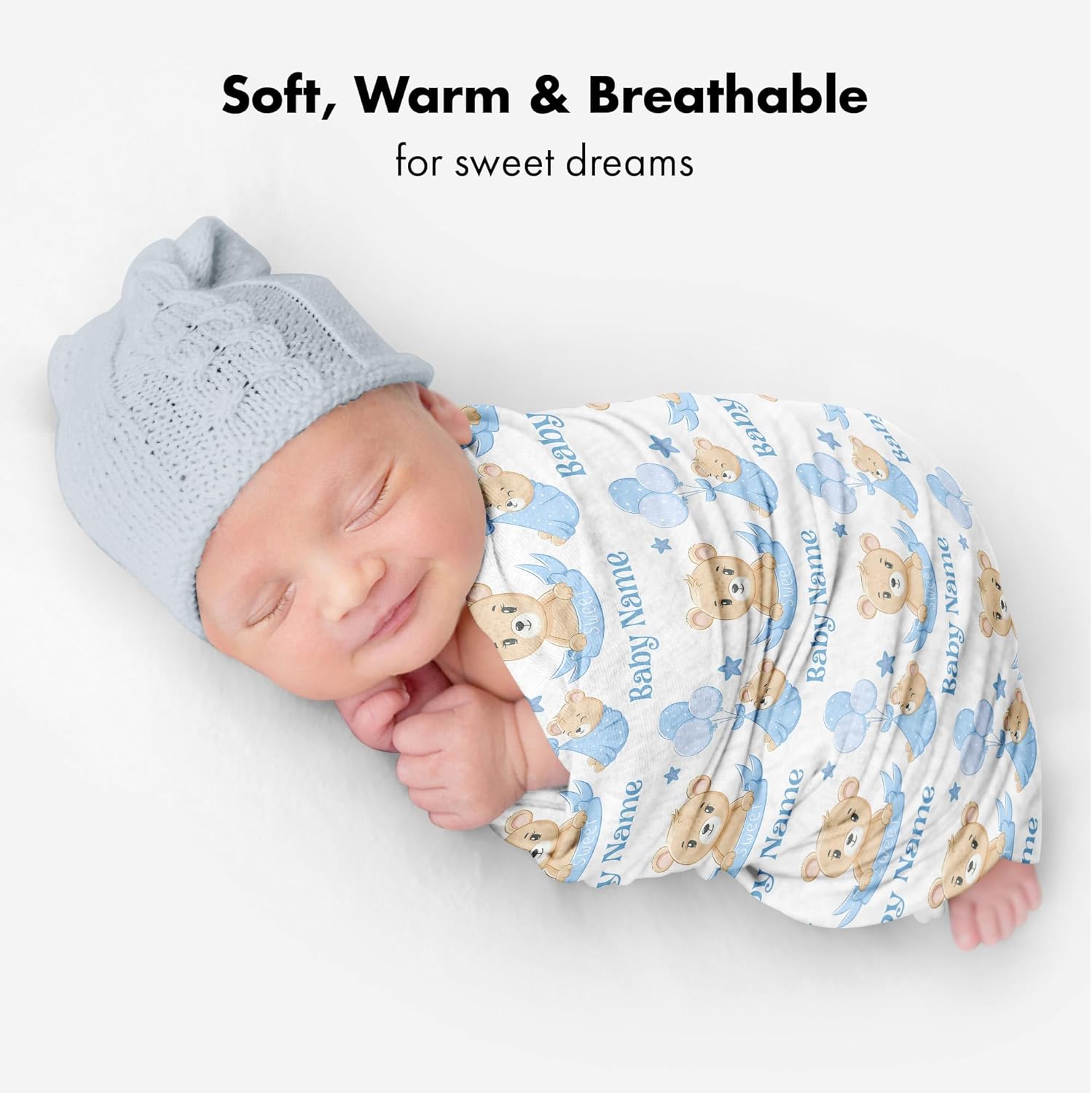 Personalized Bear Baby Blanket with Blue Balloons 1