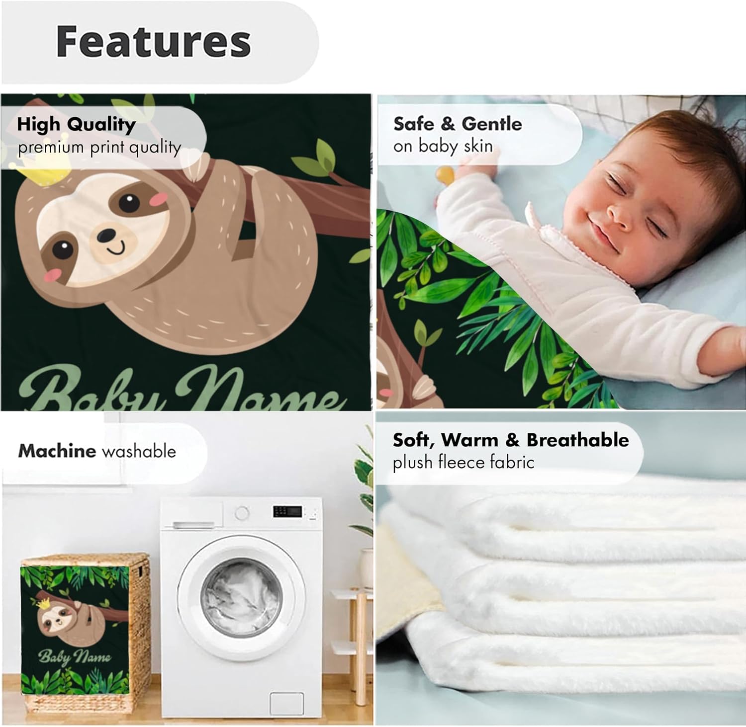 Personalized Sloth Baby Blanket with Custom Name