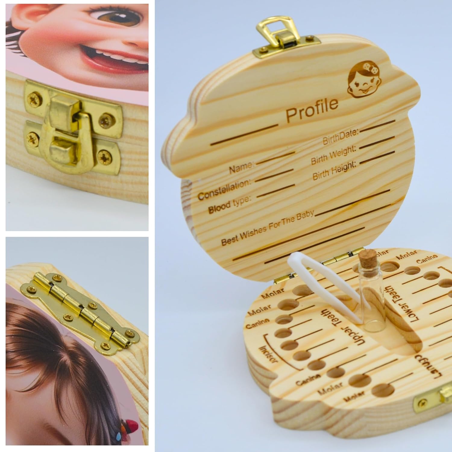 Personalized Wooden Baby Tooth Fairy Keepsake Box with Lanugo Bottle 1