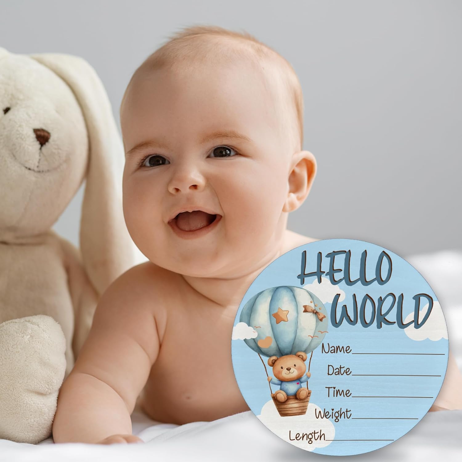 6 Inch Wooden Baby Announcement Sign with Bear and Balloon Design
