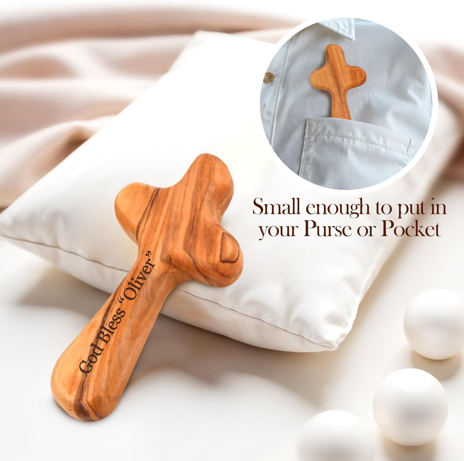 Personalized Olive Wood Cross with Name - 4 Inch Handcrafted Christian Keepsake