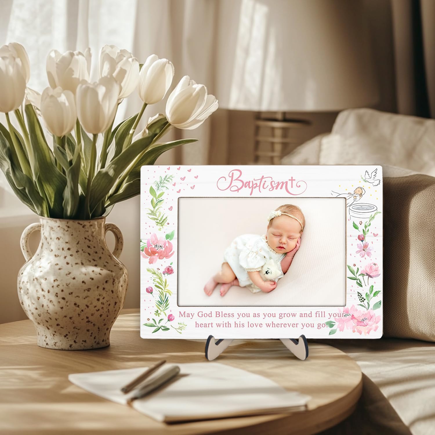 Baptism Gift Photo Frame for Godchild - 4x6 Inch Pink