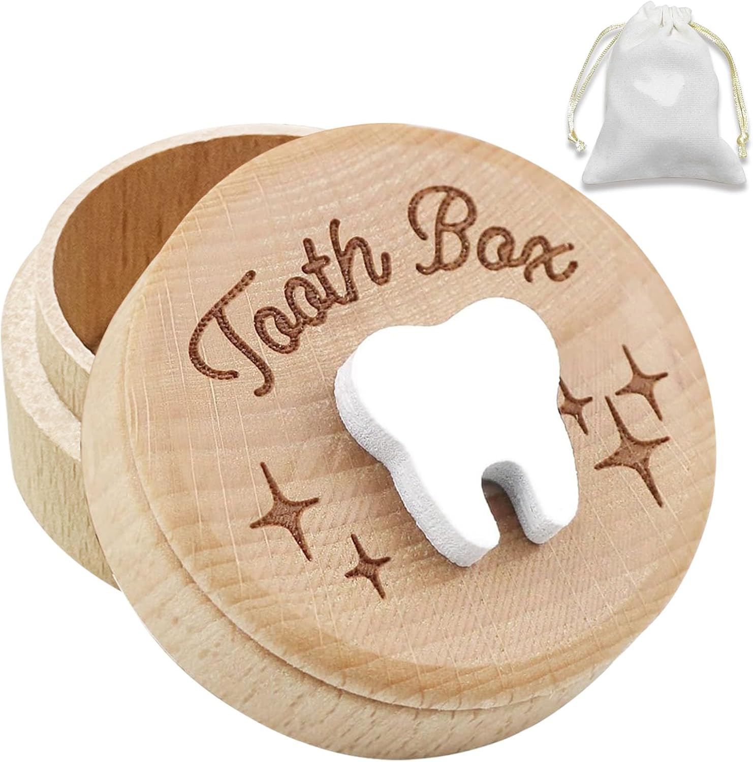 Zalengine Wooden Tooth Fairy Box with Storage Pouch