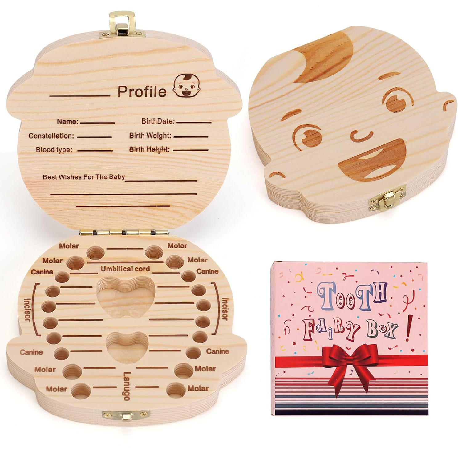 NASHRIO Baby Tooth Fairy Box Wooden Keepsake Organizer for Kids