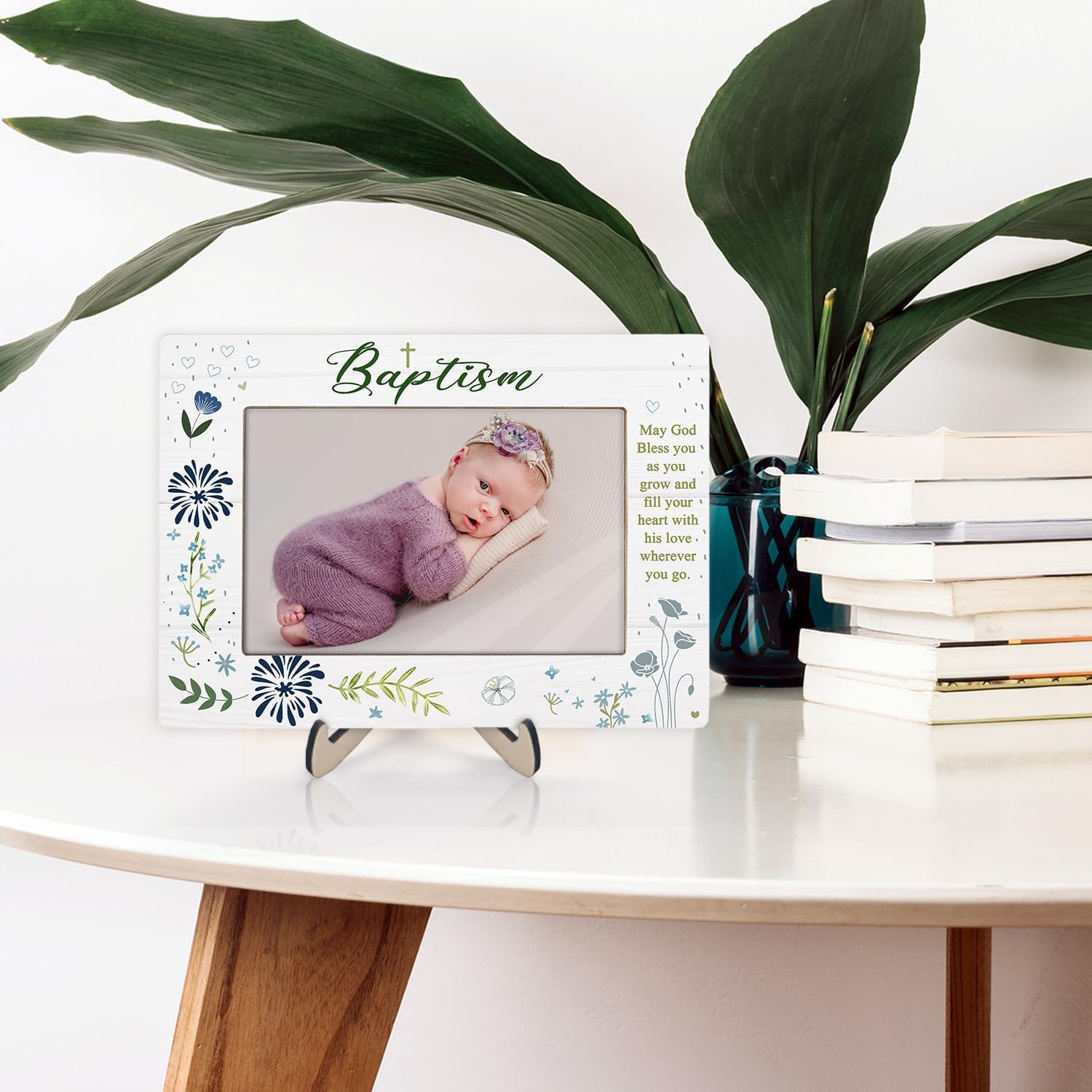 KLYTINK Baptism Photo Frame with Cross and Blessing Message - 4x6Inch Blue