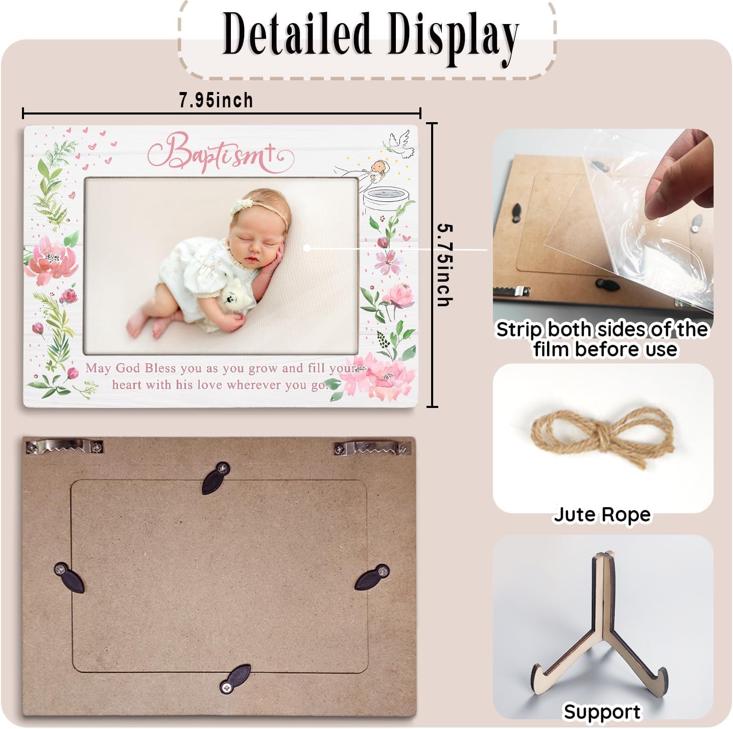 Baptism Gift Photo Frame for Godchild - 4x6 Inch Pink