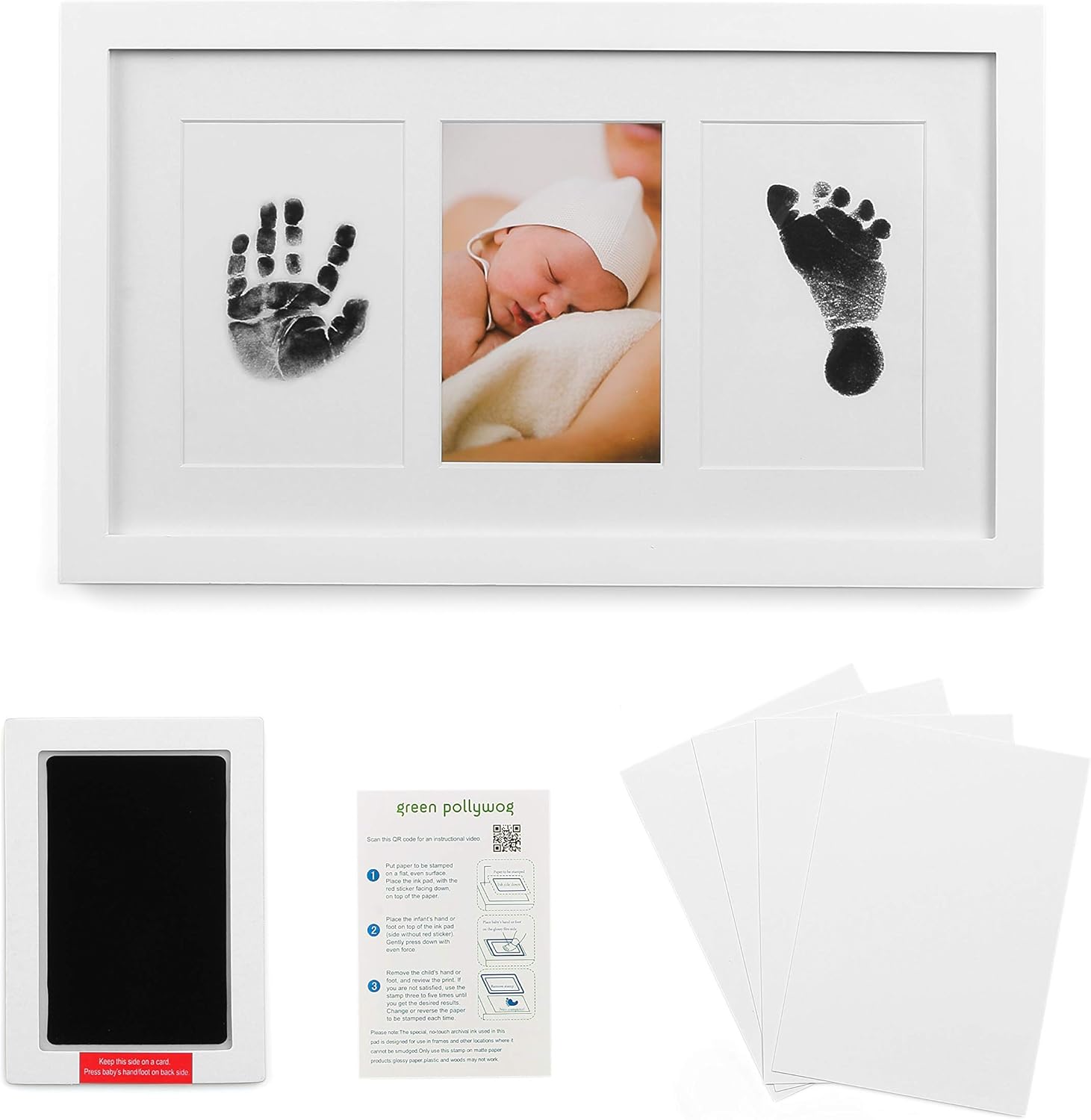 Green Pollywog Baby Handprint Footprint Kit with White Frame