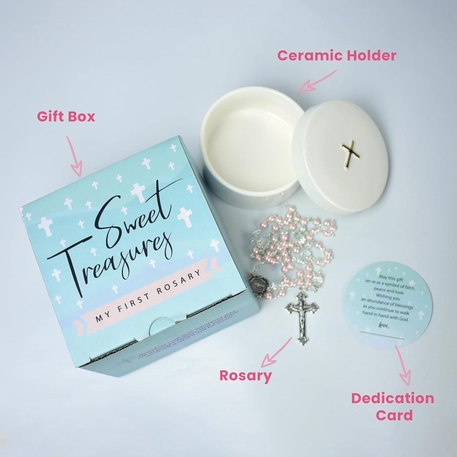 Sweet Treasures Gift Baptism Rosary Set with Ceramic Box and Card