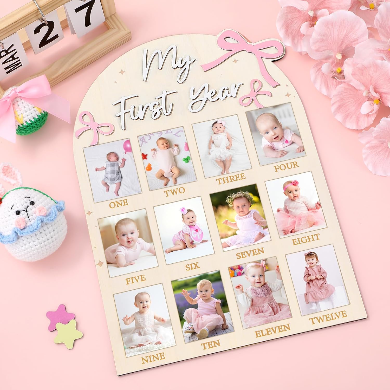 Pink Bow First Year Milestone Photo Board Decor
