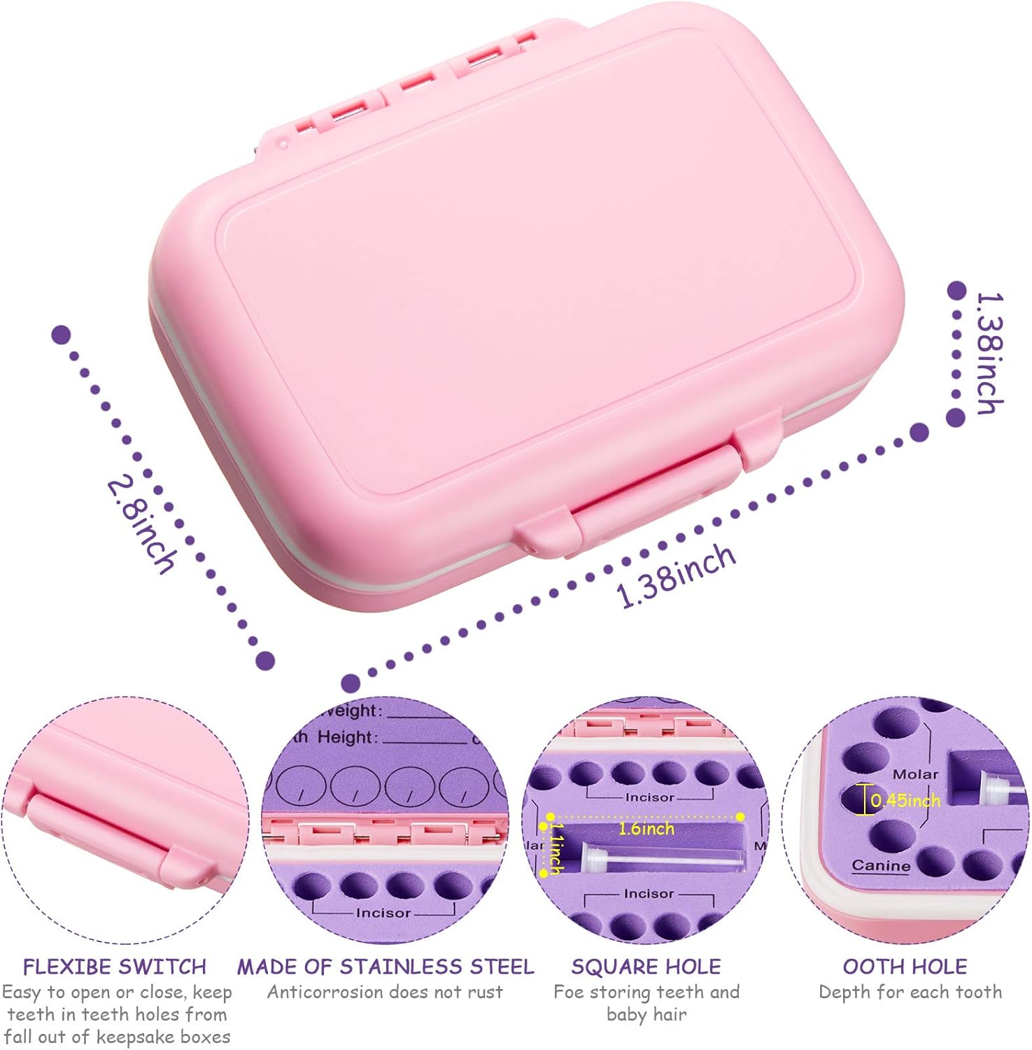 Jetec Baby Teeth Keepsake Box with Tweezer and Hair Container - Purple-Pink