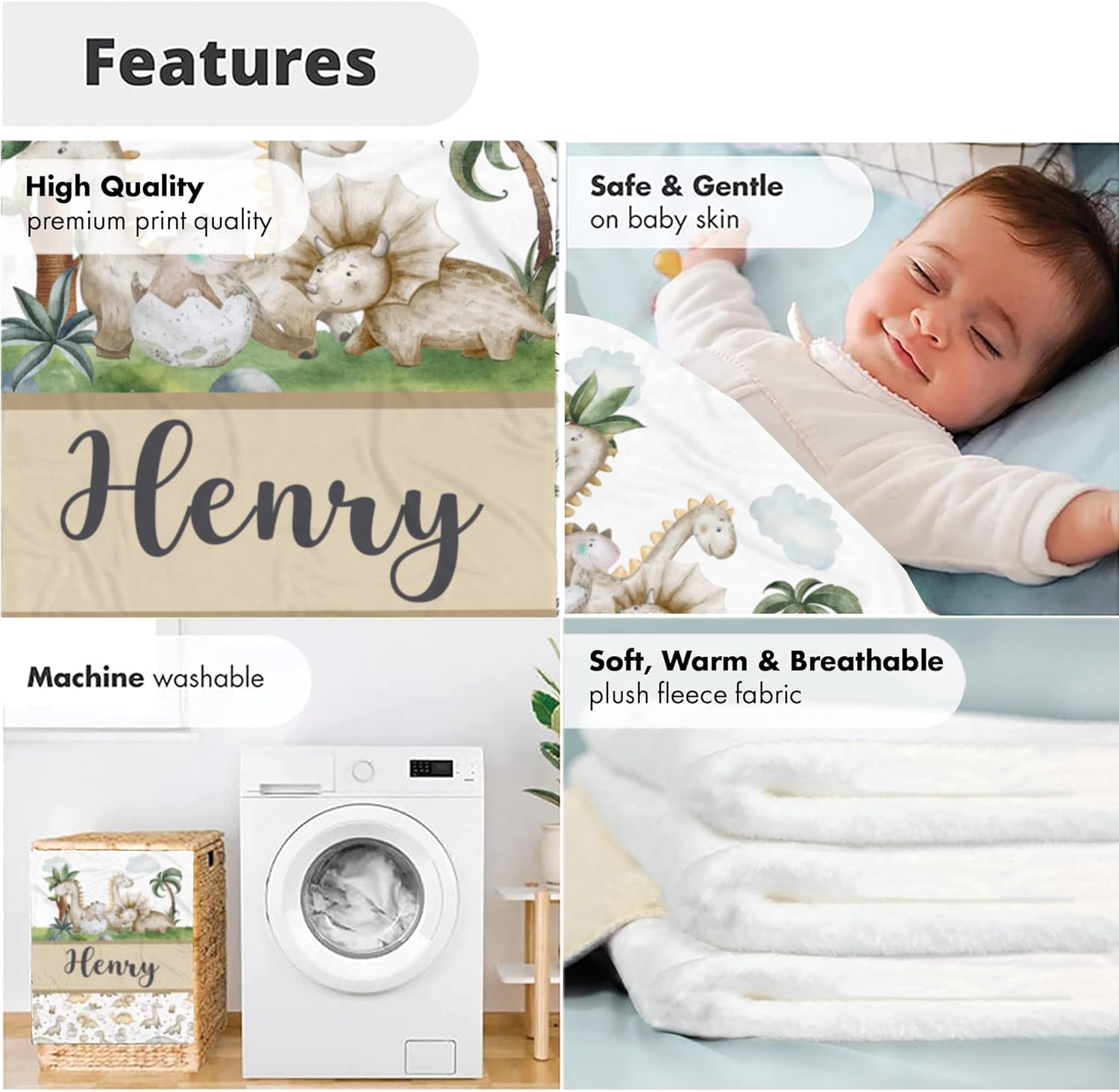 Personalized Dinosaur Baby Blanket with Name and Custom Design