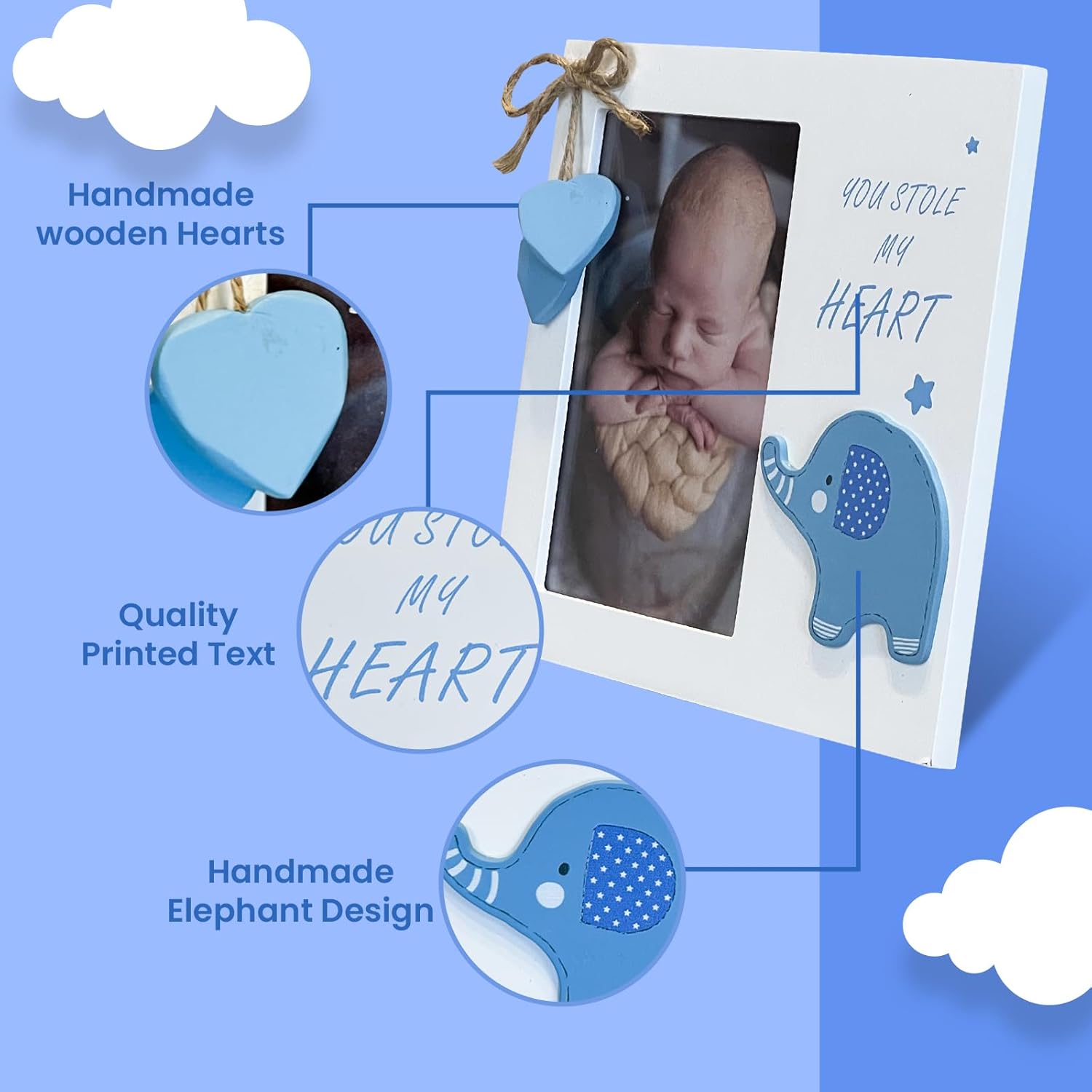 Baby Boy You Stole My Heart Newborn Wooden Frame Blue