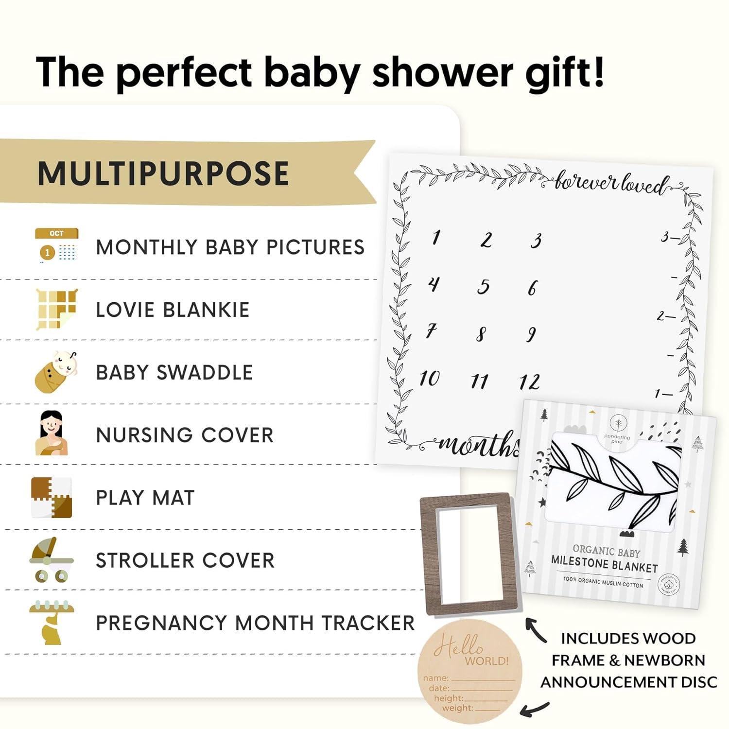 Organic Baby Milestone Blanket - 1-12 Months Neutral 47x47 with Frame and Disc