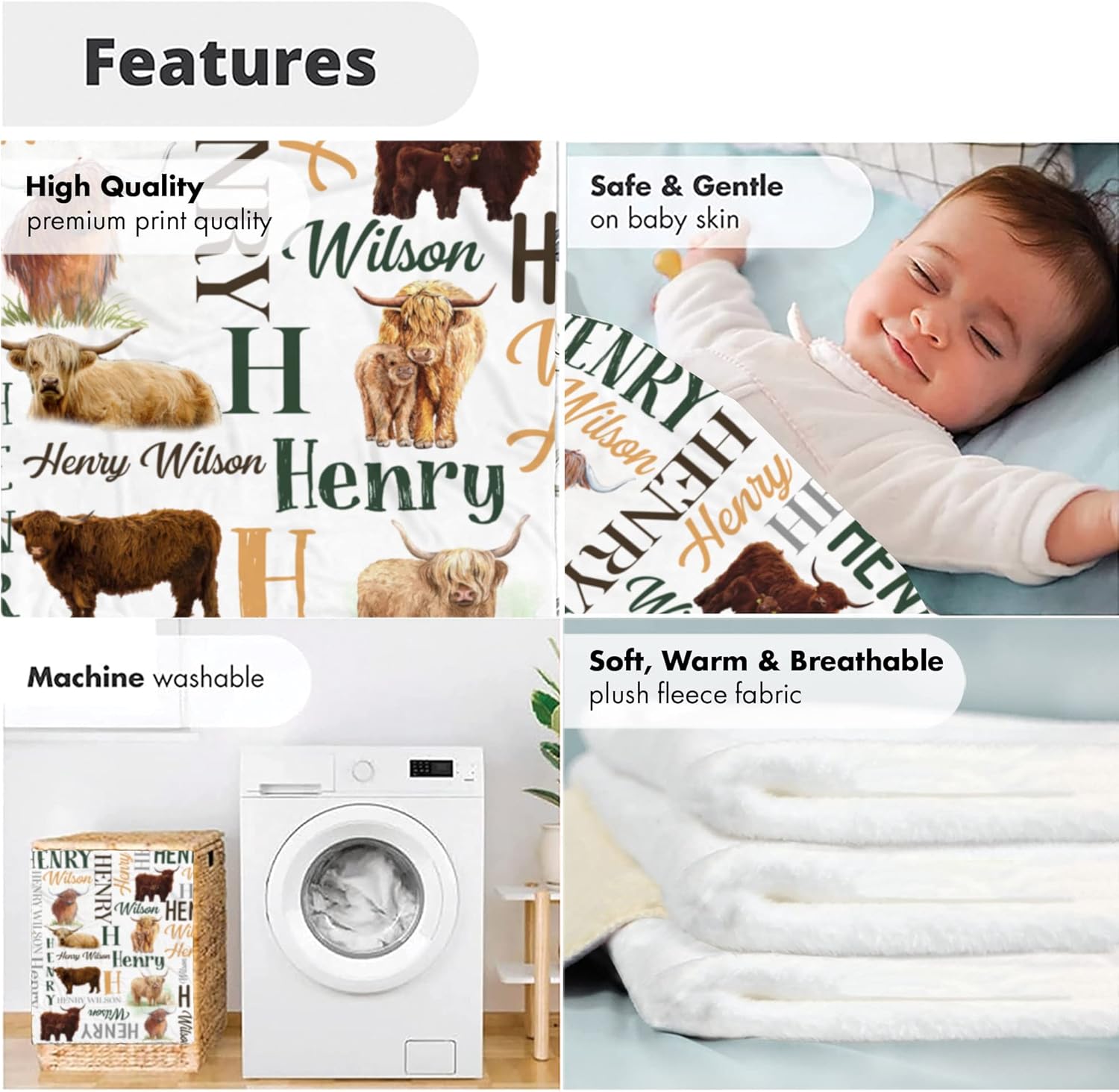 Personalized Cow Print Baby Blanket with Name