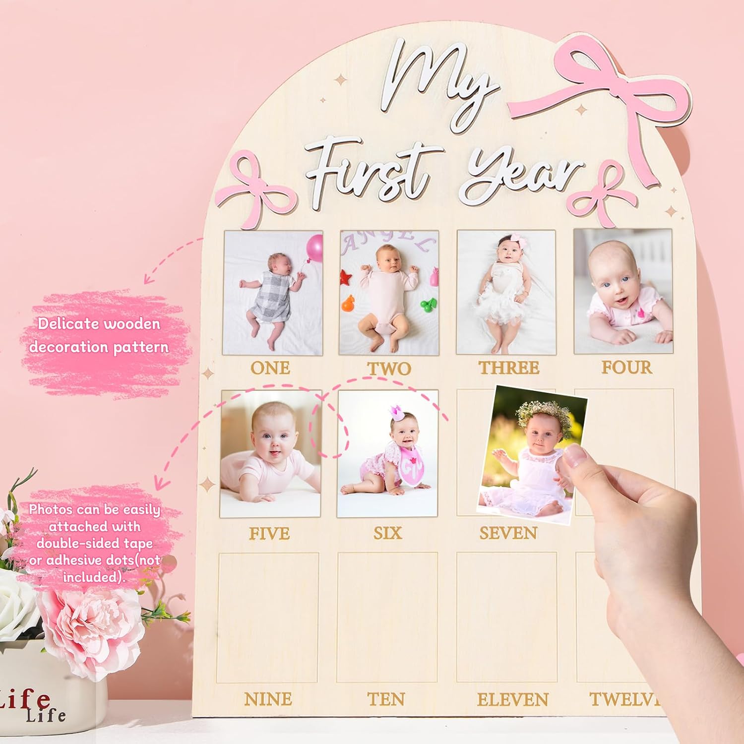 Pink Bow First Year Milestone Photo Board Decor