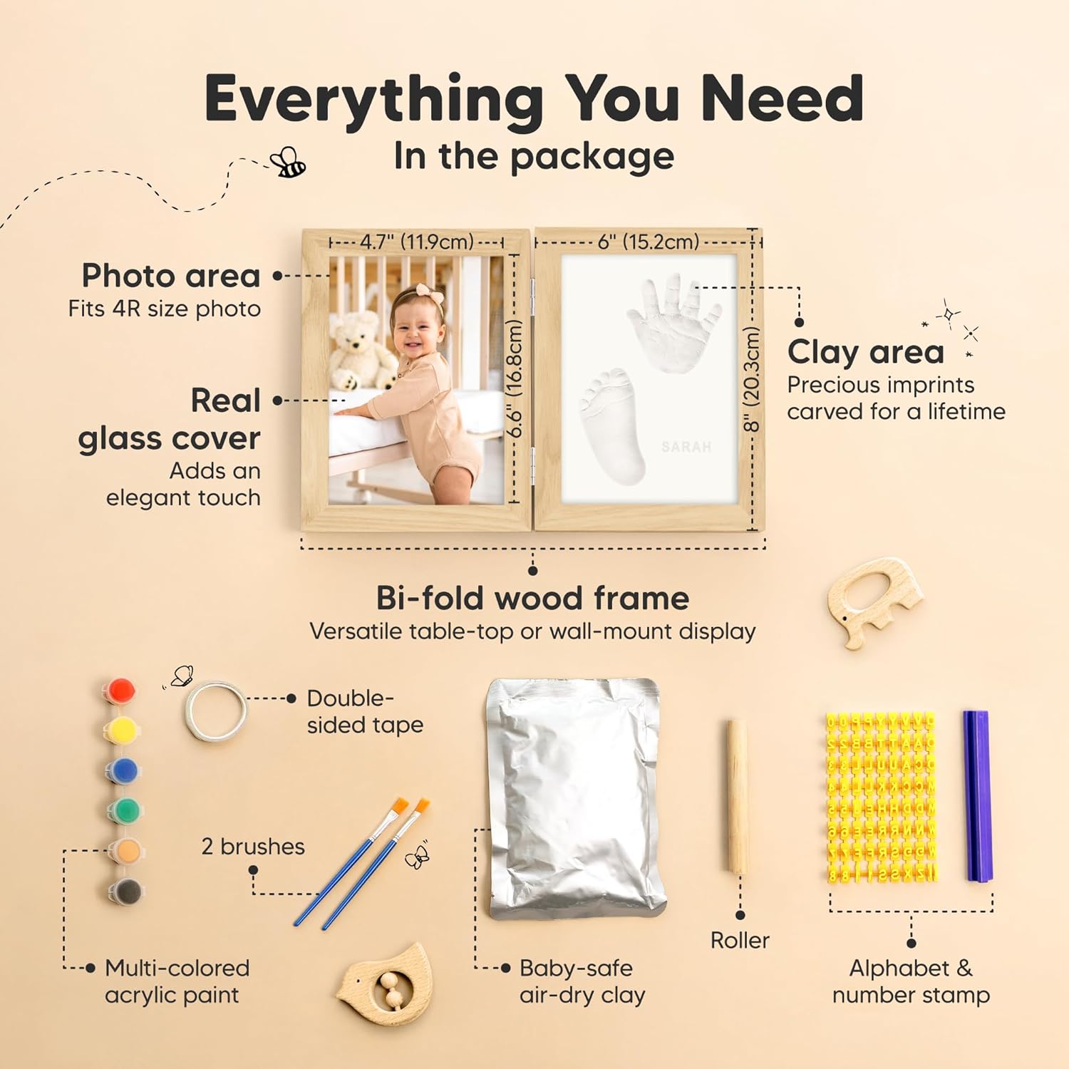KeaBabies Personalized Hand Footprint Kit - Quick Dry Clay Ash Wood Frame