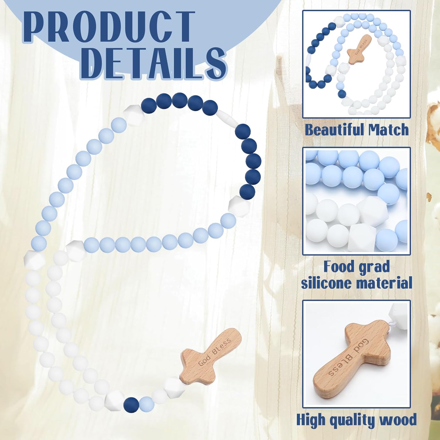 Misdary Blue Cross Baptism Silicone Rosary Gift