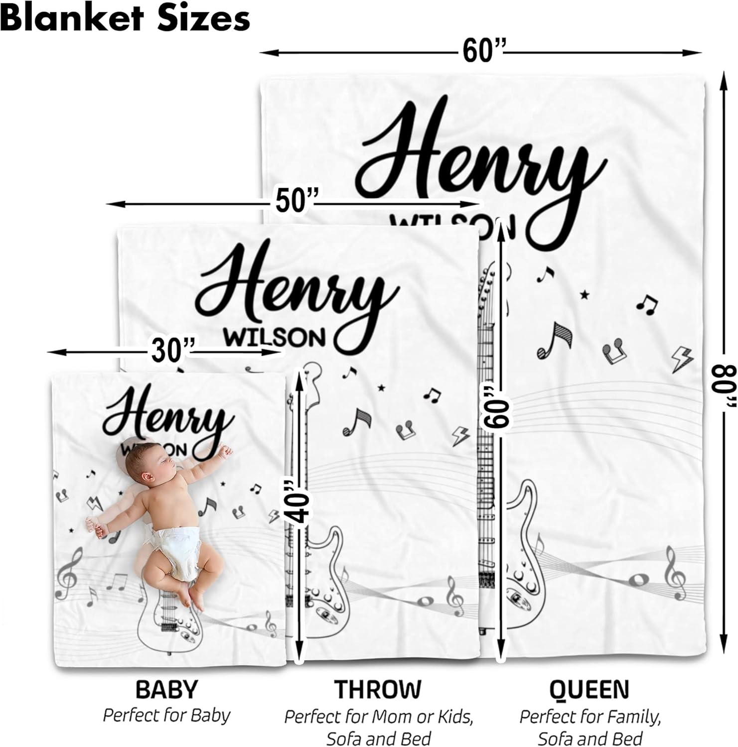 Personalized Music Baby Blanket with Custom Name and Guitar Design