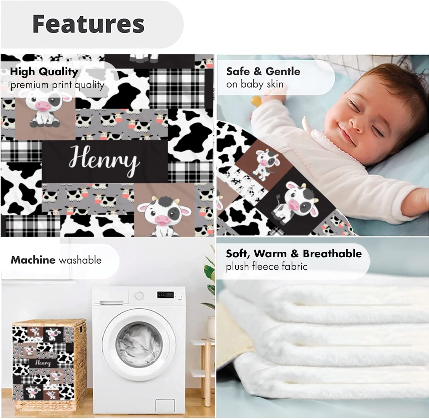 VibeCustom Personalized Cow Print Baby Blanket with Name