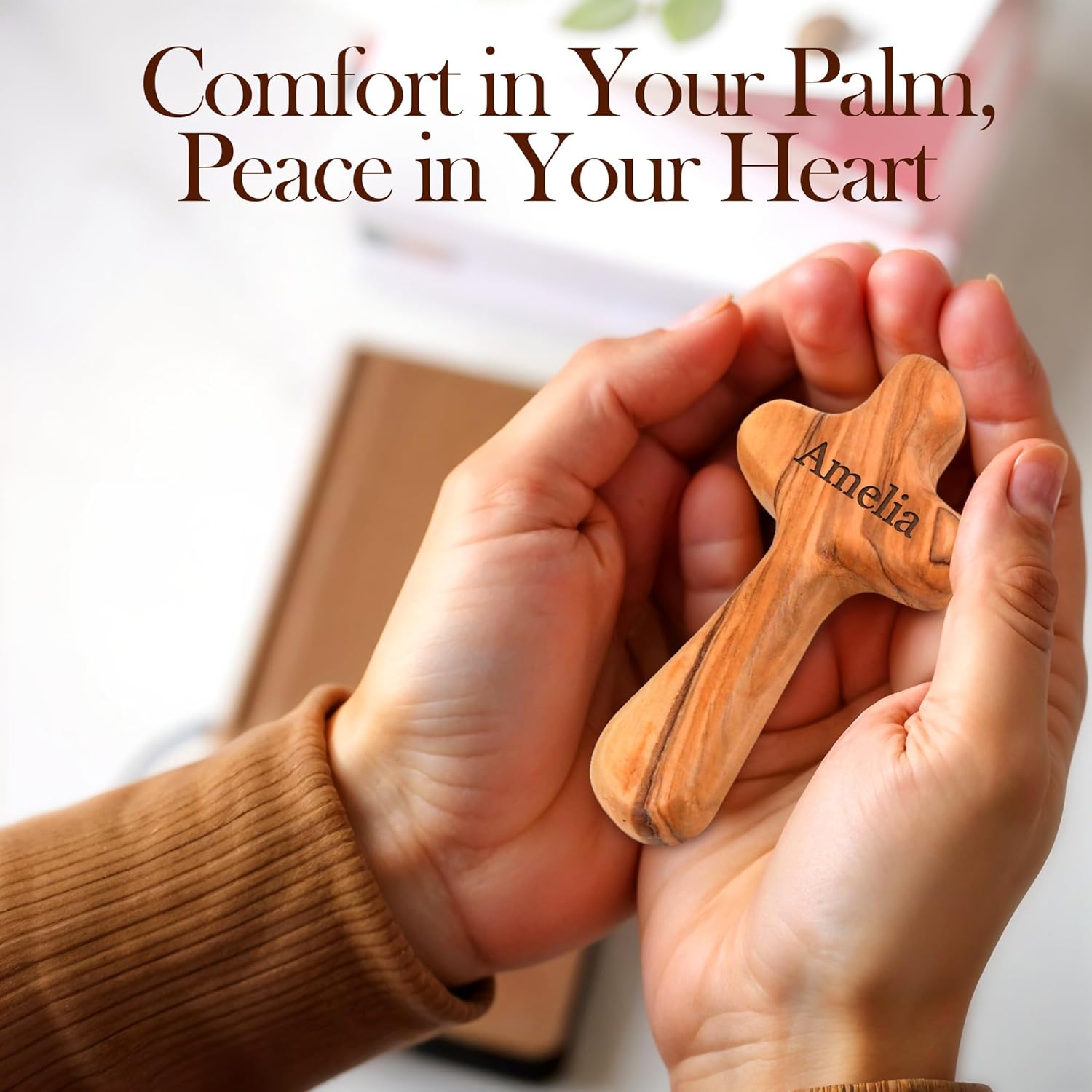 Personalized Olive Wood Cross with Name - 4 Inch Handcrafted Christian Keepsake