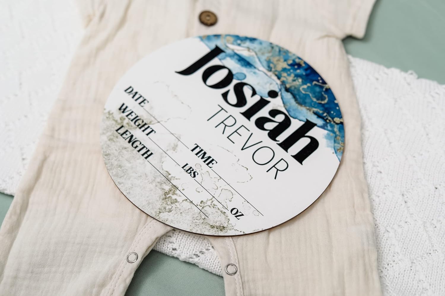 Personalized Birth Stat Sign for Newborn Baby Blue Gold Design