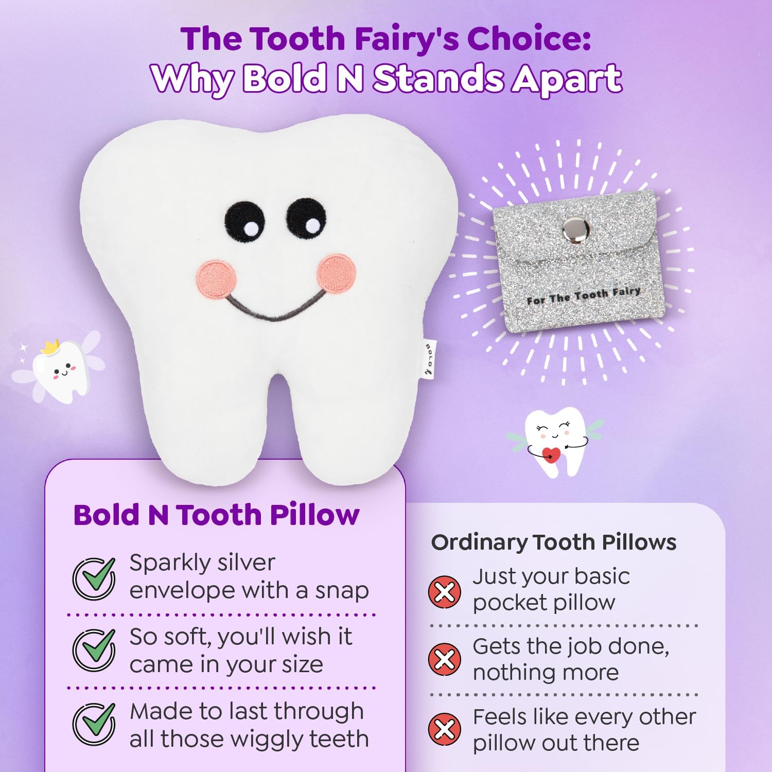 Bold N Tooth Fairy Pillow 75 Snuggly Plush with Sparkly Silver Envelope