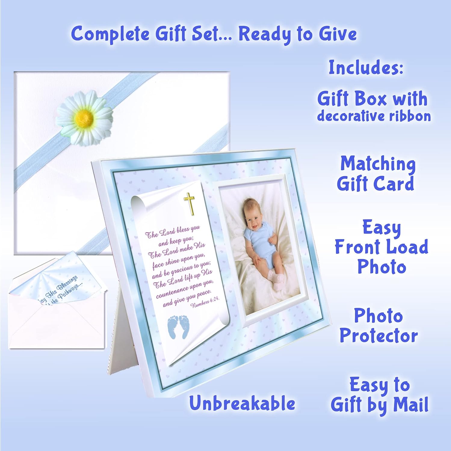 Christening Gift Frame for Baby Boy Blue Theme with Numbers Verse
