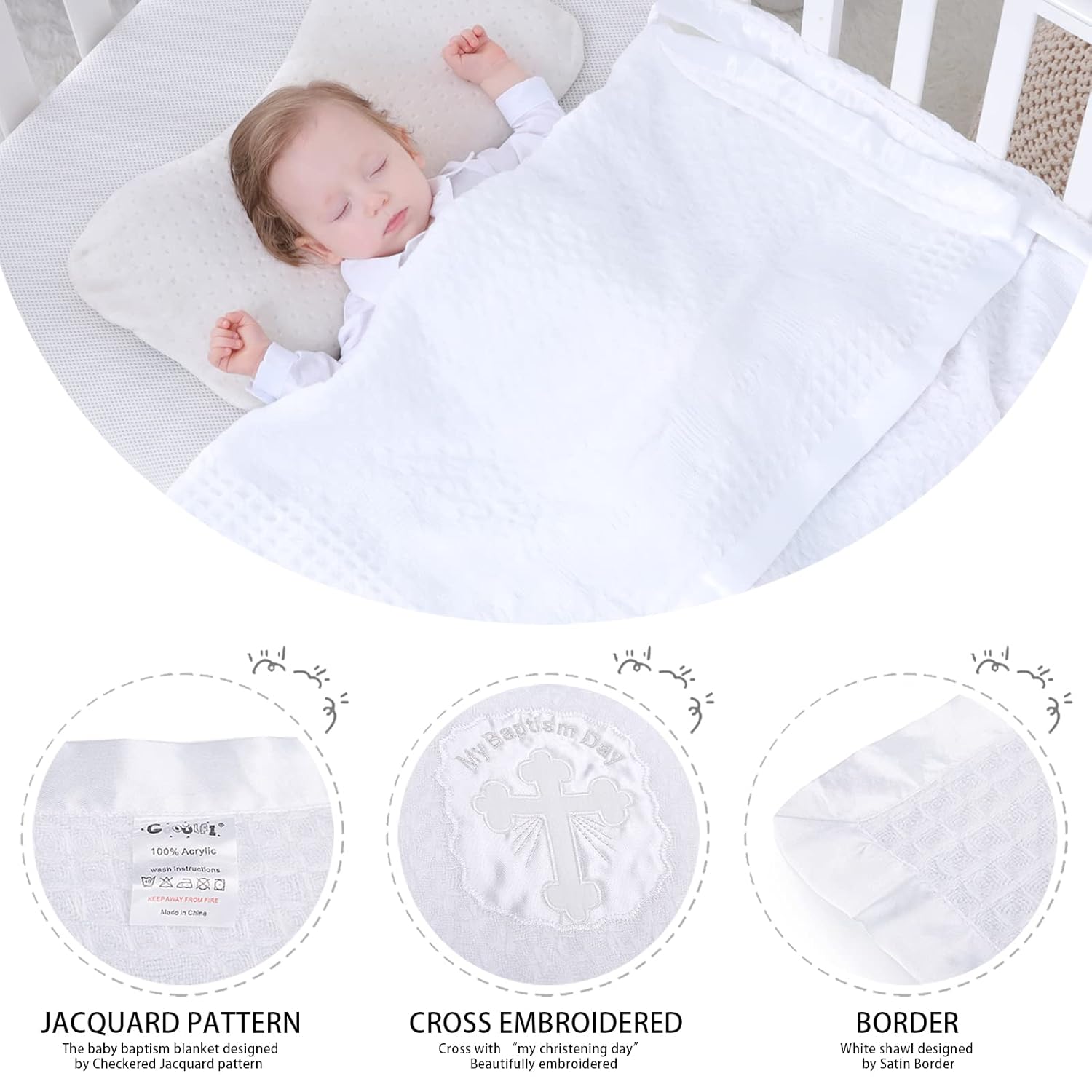 Booulfi Baby Blanket with Cross Embroidery and Satin Trim