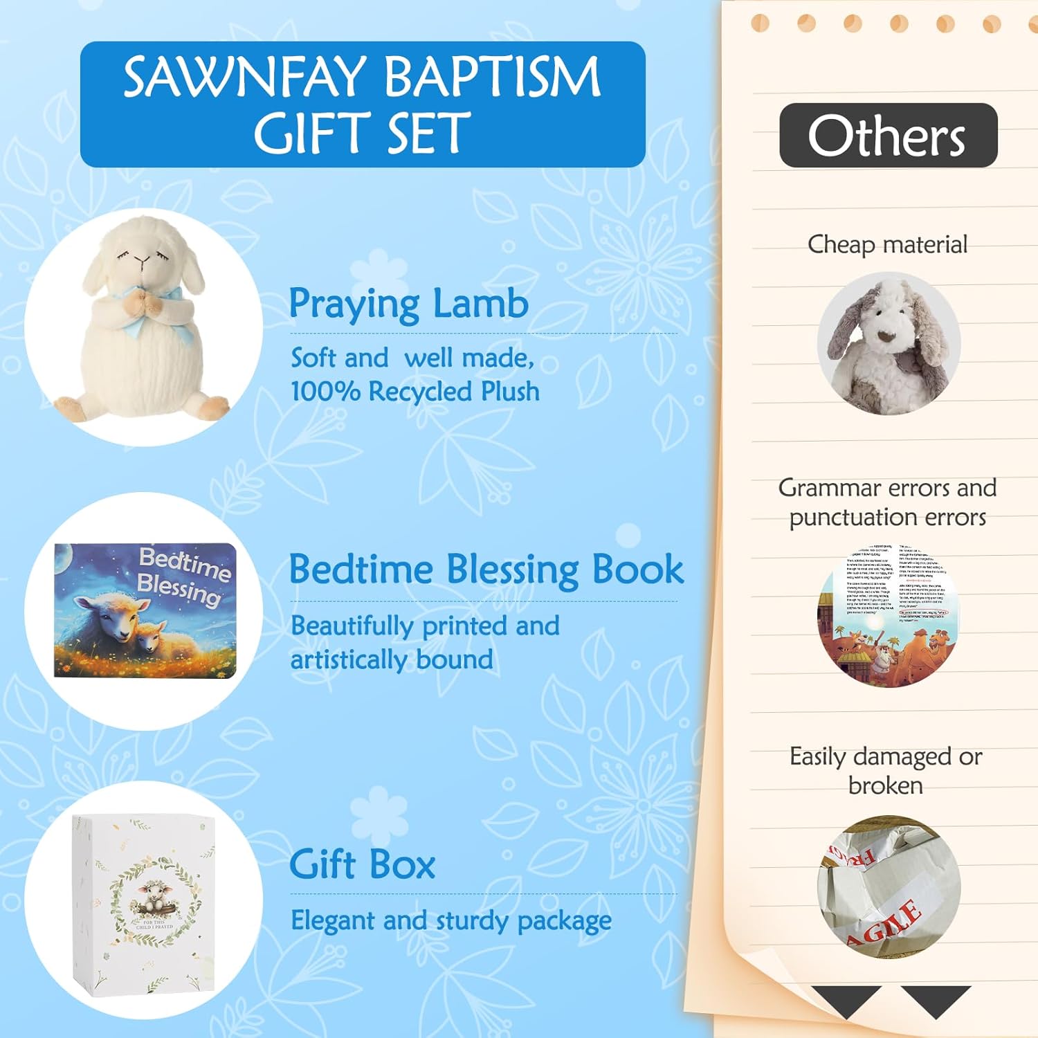 Sawnfay Baptism Gift Set for Boys 7 Praying Lamb Bedtime Blessing Book